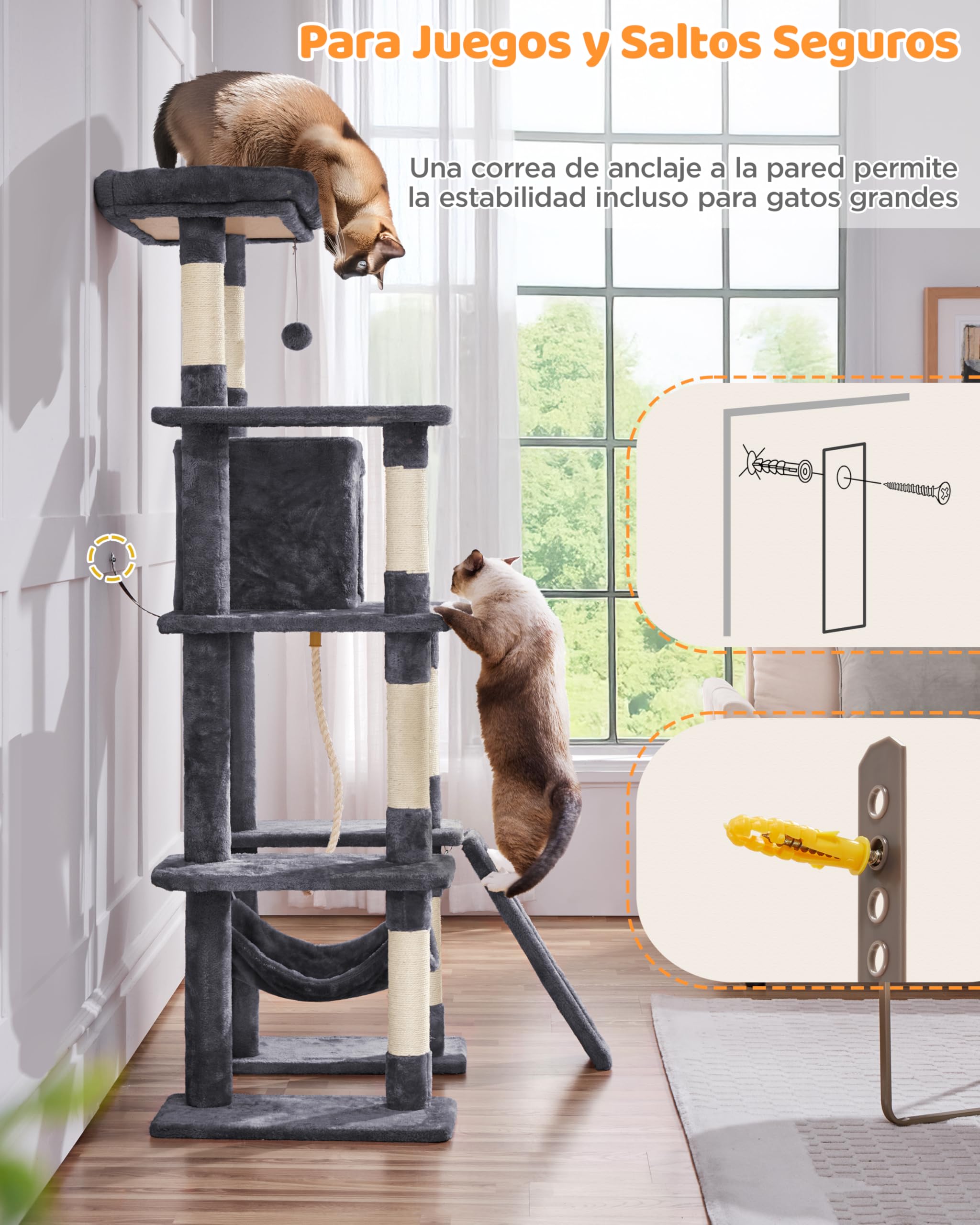 Yaheetech Árbol rascador para Gatos Grandes Torre de Gatos de Altura 159 cm con Múltiples Plataformas Cueva Tela de Felpa Condominio Perchero Hamaca Gris Oscuro