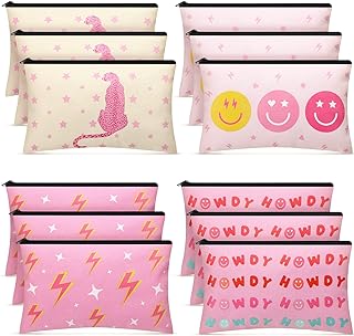 12 Pcs Pink Preppy Makeup Bag with Zippers Preppy Toiletry Bag Large Cosmetic Bag Smile Leopard Howdy Makeup Pouch Portable Travel Preppy Accessories Cute Preppy Valentine's Gift for Women Girls