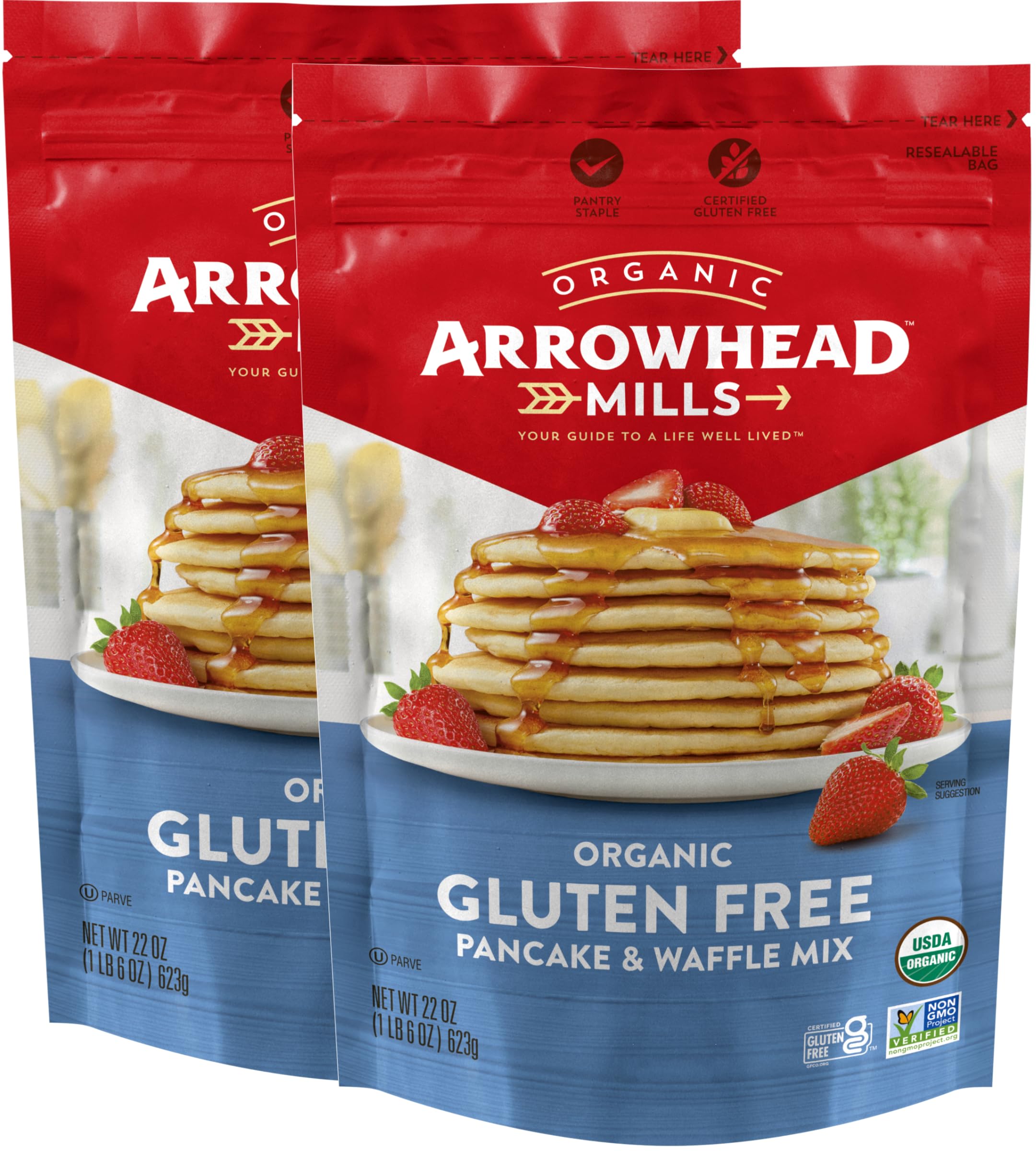 Arrowhead Mills Gluten Free Pancake and Waffle Mix, 22 oz (Pack of 2) with Swivel Spoons