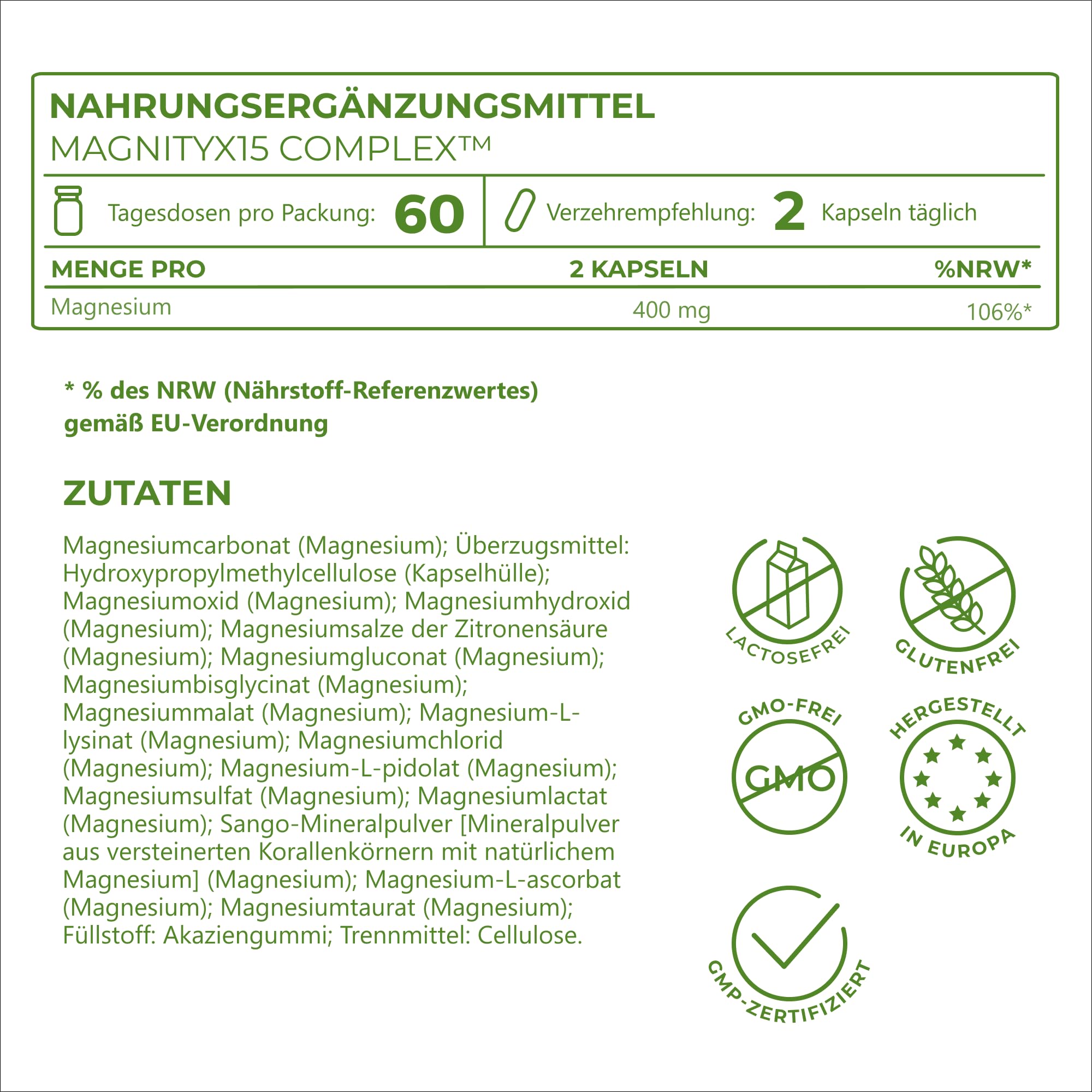 Magnesium Komplex MagNityX15 15 Magnesiumverbindungen inkl. Magnesium Bisglycinat Citrat & Malat 400 mg pro Tagesdosis 120 Kapseln Muskeln Knochen Nerven Vitality Nutritionals by Vitamin Express