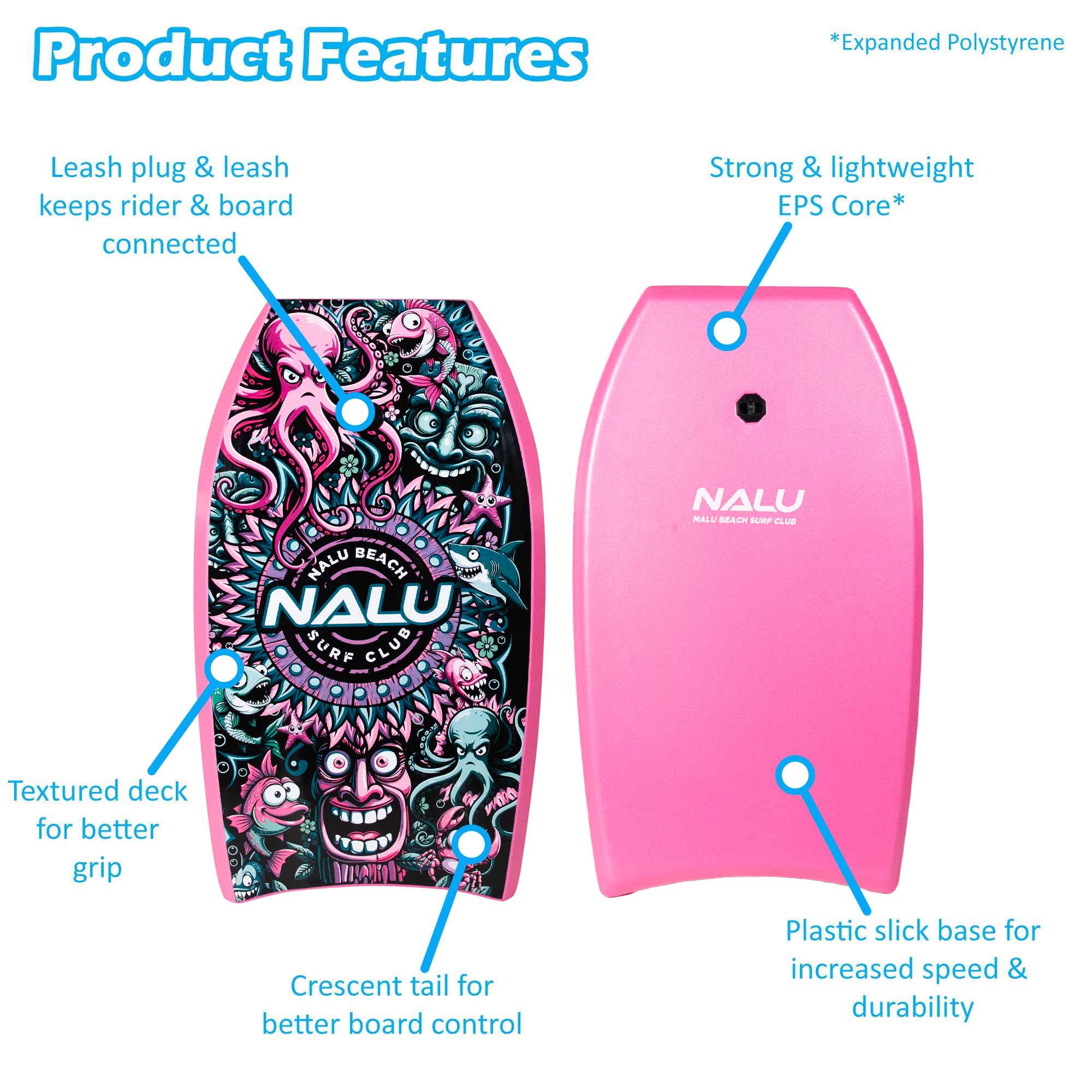 Nalu Tabla de bodyboard con correa - Tabla de cuerpo con cola creciente y núcleo XPE