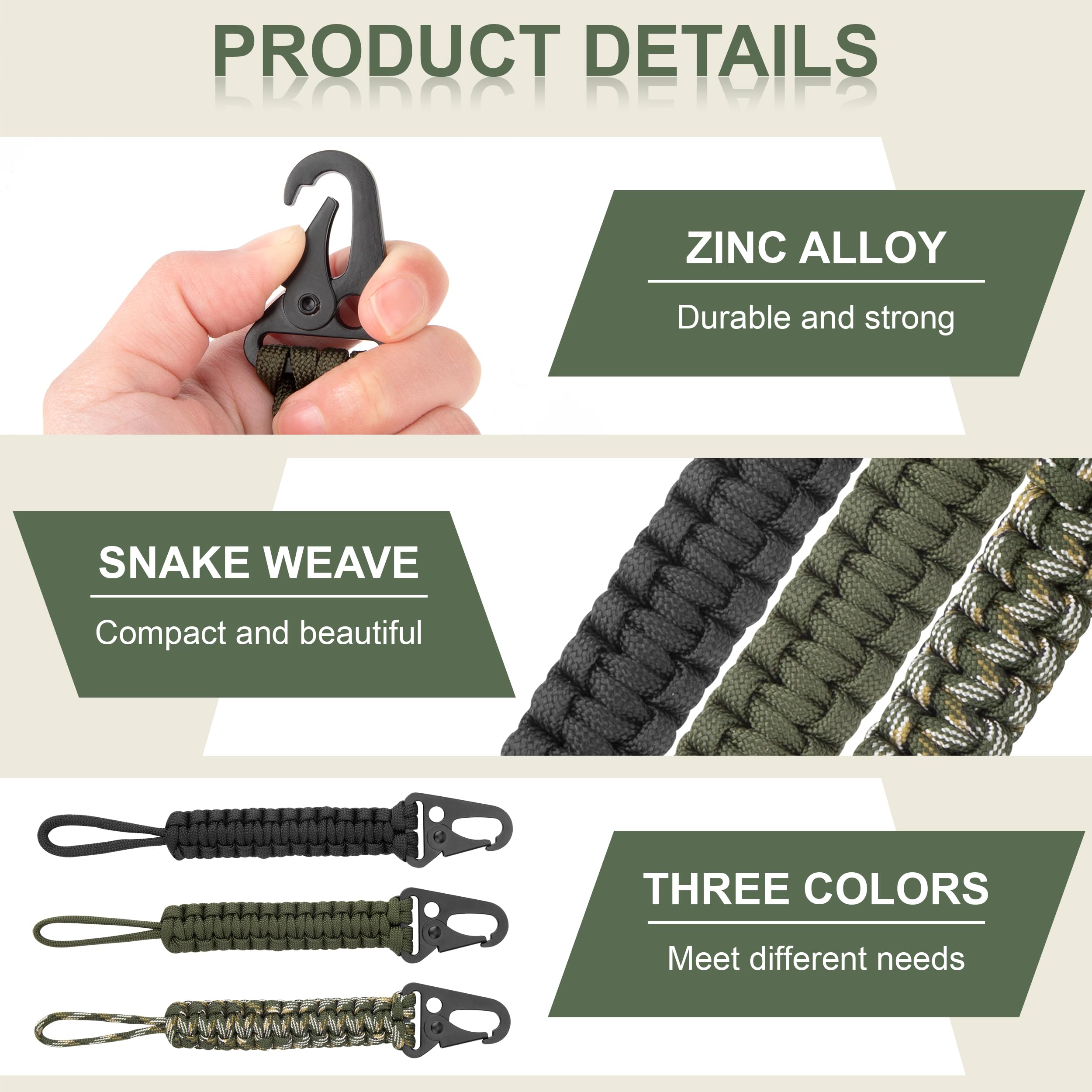 Llaveros de Cuerda de Paracaídas Cordón Trenzado con Mosquetón Cordón de Cintura Antipérdida Hebilla Cuerda Táctica para Camping Senderismo Caza 3 Piezas
