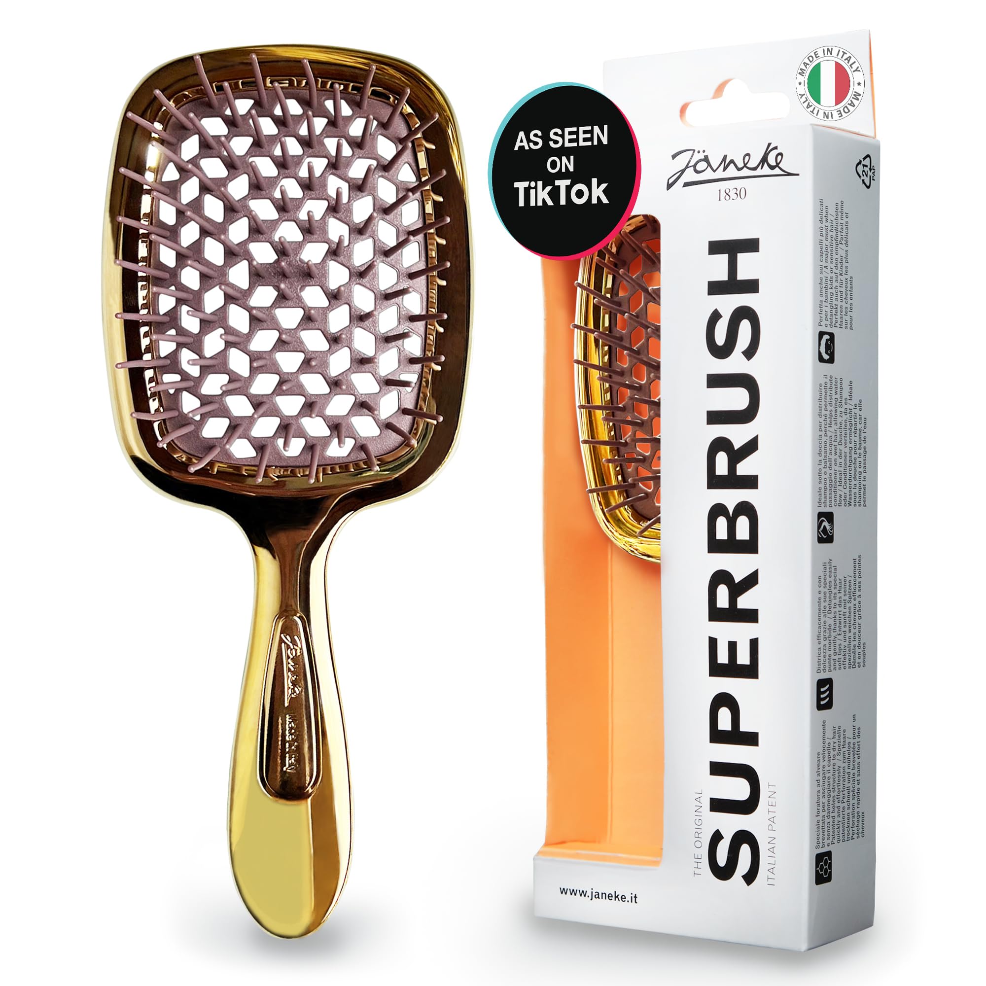 Jäneke Original Patented Superbrush Detangler Brush Anti-static Hairbrush Easy For Wet or Dry Use Flexible with Nylon Bristle Great for All Hair Types - Long Thick Curly (GOLD)