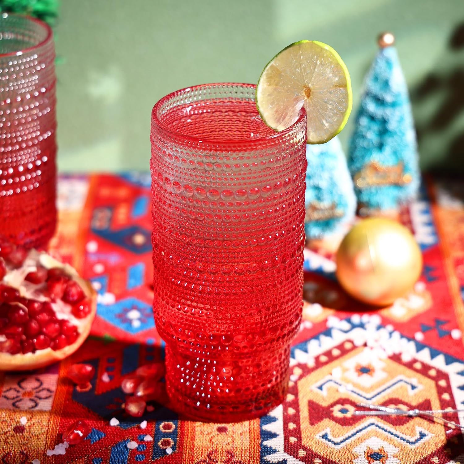 6pcs Hobnail Drinking Glasses Set, 16 oz Vintage Glassware Drinking Glasses, Gradual Red Water Glasses Tumbler, Christmas Gifts for Women - Image 3