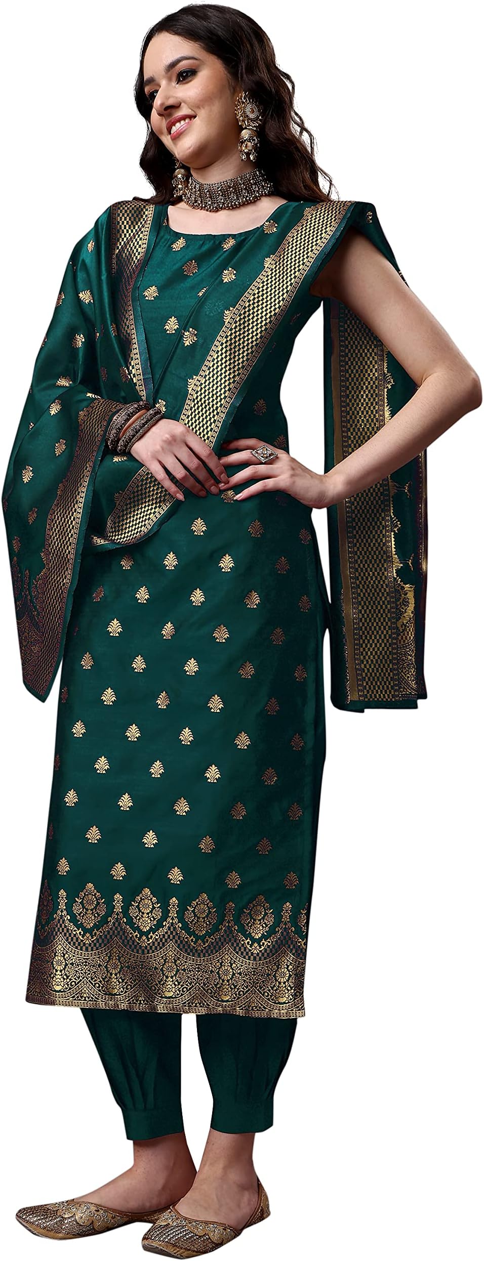 EthnicJunctionWomen's Embellished Woven Banarasi Silk Straight Sleeveless Kurta Pant with Dupatta Set | Karva Chauth Special Kurta Set | Ethnic Kurta Set