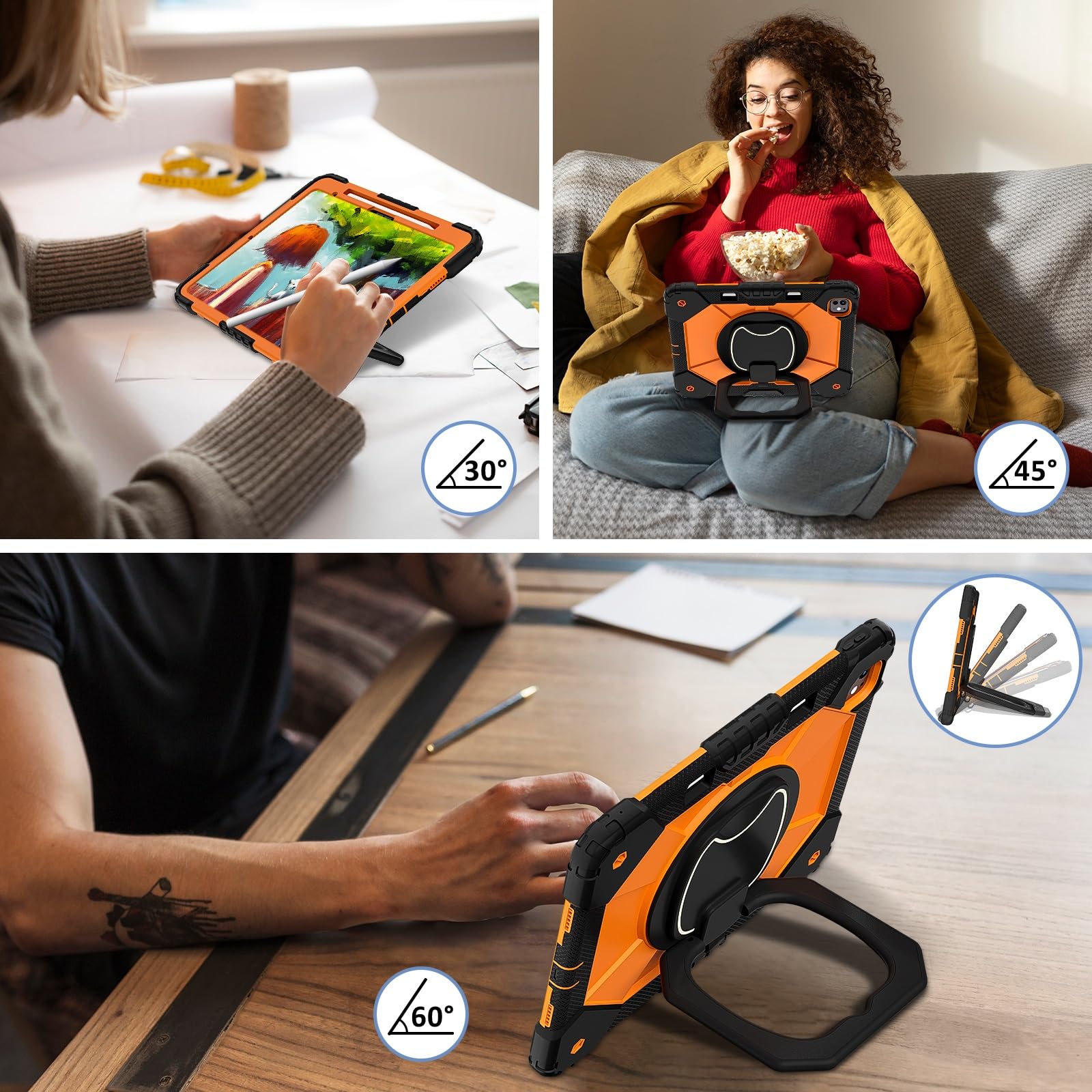 Pełne etui ochronne Etui na tablet kompatybilne z 13-calowym etui na iPada M4 2024 Wytrzymałe, odporne na wstrząsy etui ochronne Cove 7. generacji Z obrotową podpórką 360 + pasek na rękę + pasek na ra