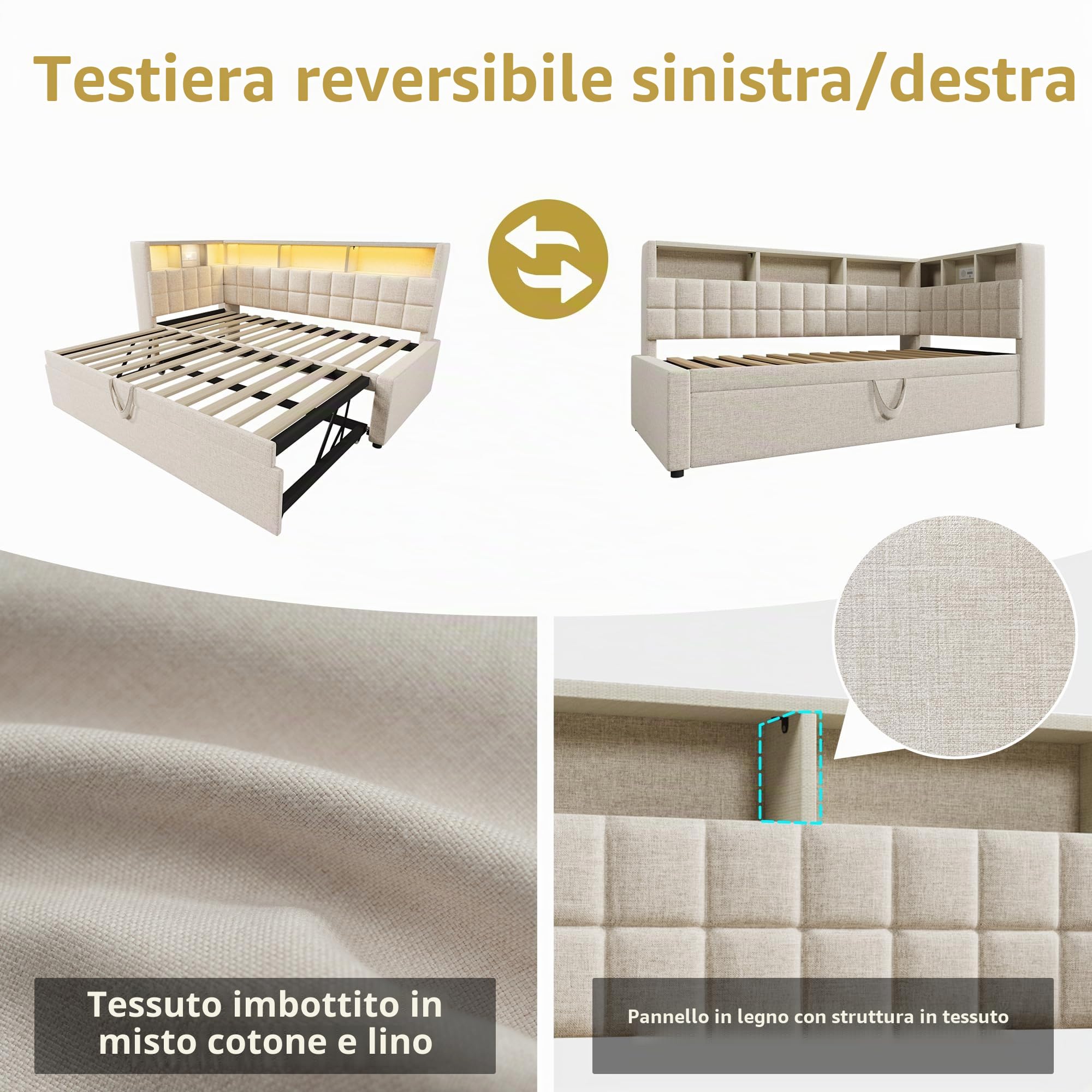 Letto imbottito in lino, 90 x 200 cm, con letto estraibile 90 x 190 cm, LED, altoparlante Bluetooth, porta di ricarica USB e tipo C, testiera a L con scaffalatura, divano letto/letto degli ospiti