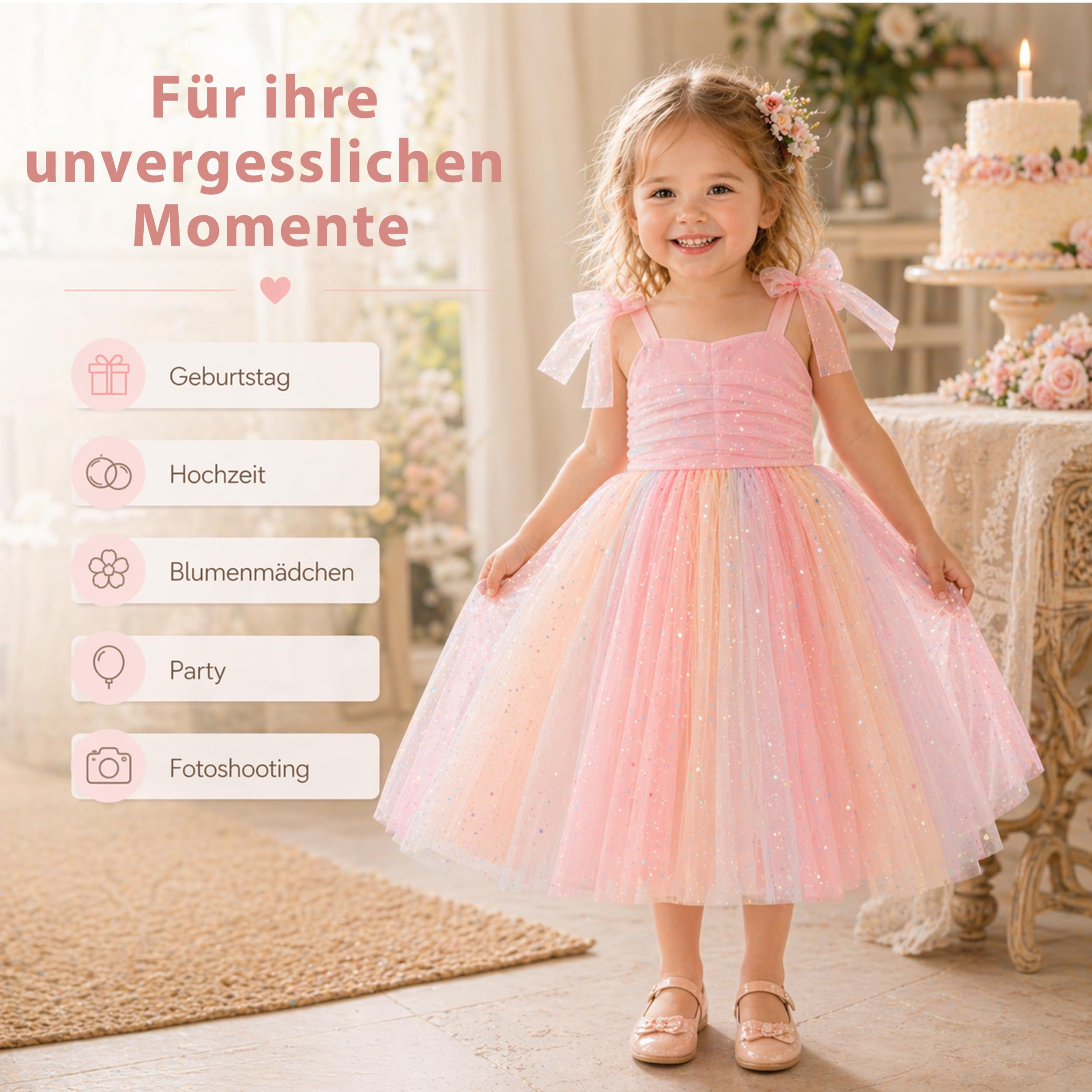 Feenkleid Mädchen Prinzessinnenkleid mit 3D-Schmetterlingsflügel, Regenbogen-Tüllkleid Baby Kleinkind Tutu, Blumenmädchen Festkleid für Geburtstag Hochzeit Karneval Kostüm