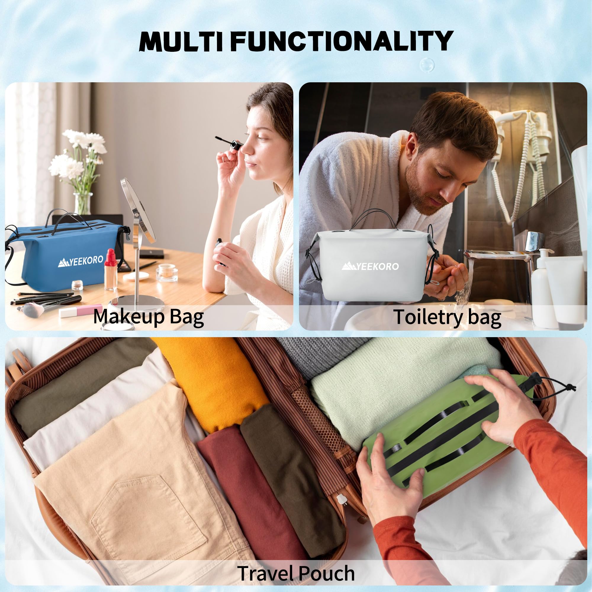Neceser impermeable para viajes, estilos de cremallera, organizador de artículos de tocador de nailon 40D con correas de hombro para hombres y mujeres, accesorios de viaje, 2 paquetes azul
