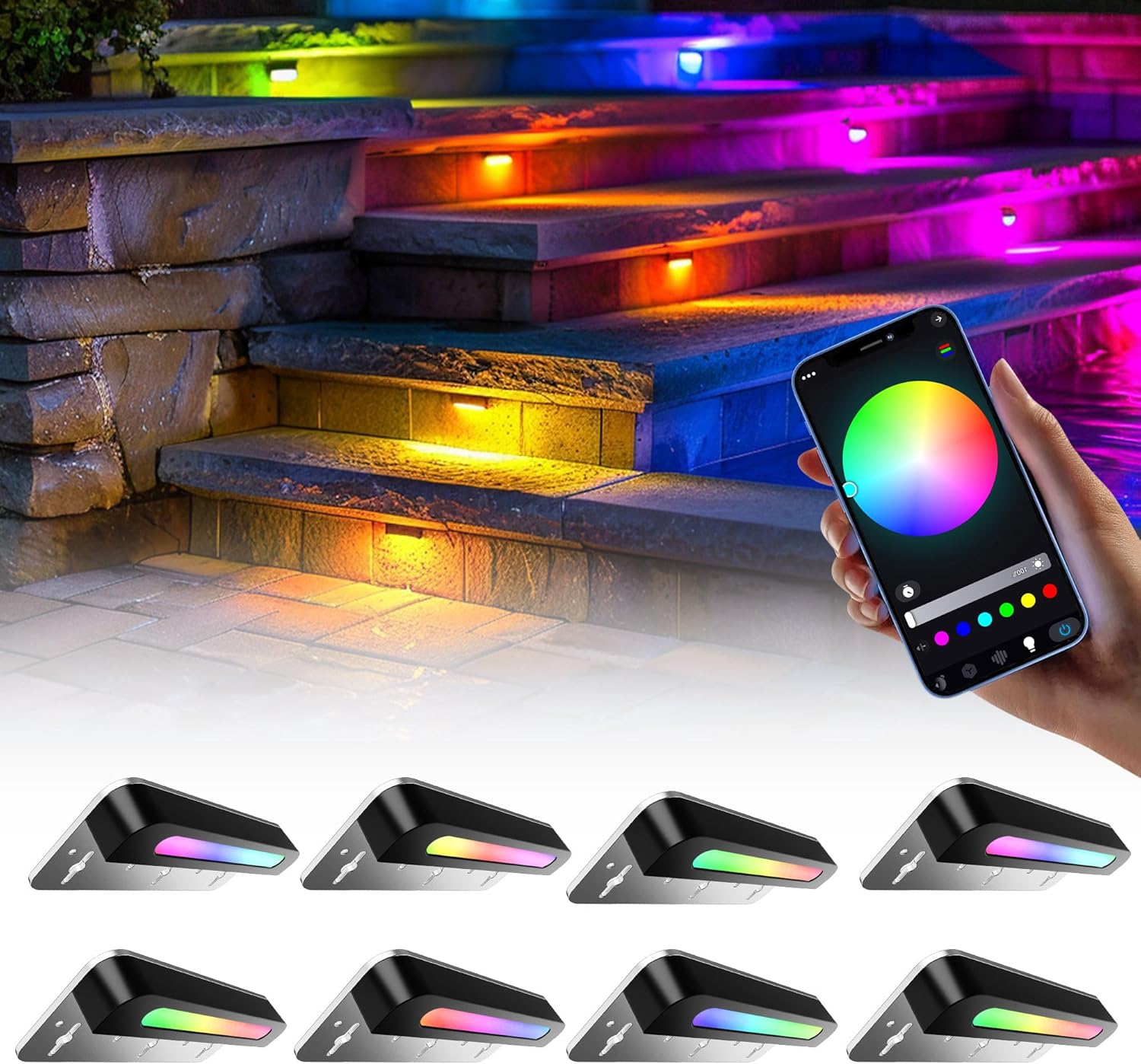 8 Pack 7 inch RGB LED Hardscape Lighting Step Lights Retaining Wall Lights with Color Changing & Warm White Mode Low Voltage Landscape Paver Lights Waterproof Deck Lights for Outside Stairs