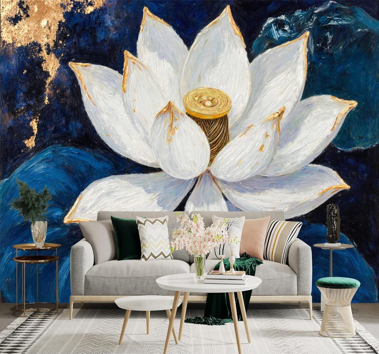 Xlming 200Cm×140Cm(B×H) White Lotus Gold Accents Abstract Blue Art 3D Wallpaper Silky Texture Home Study Office Grey Dining Room Sofa Bedroom Living Room Tv Backdrop-200Cm×140Cm
