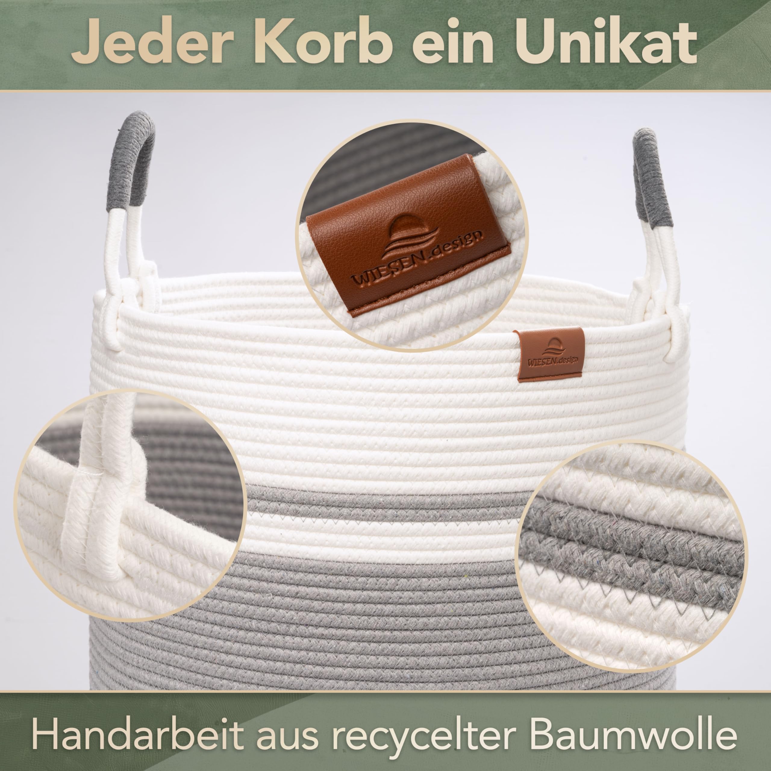 Korb EMILIA Ø46xH48 cm Grau/Weiß/80L, Wäschekorb geflochten aus Baumwolle, Wäschesammler, Aufbewahrungskorb groß, Korb geflochten, faltbarer Wäschekorb, Wäschetonne, laundry basket