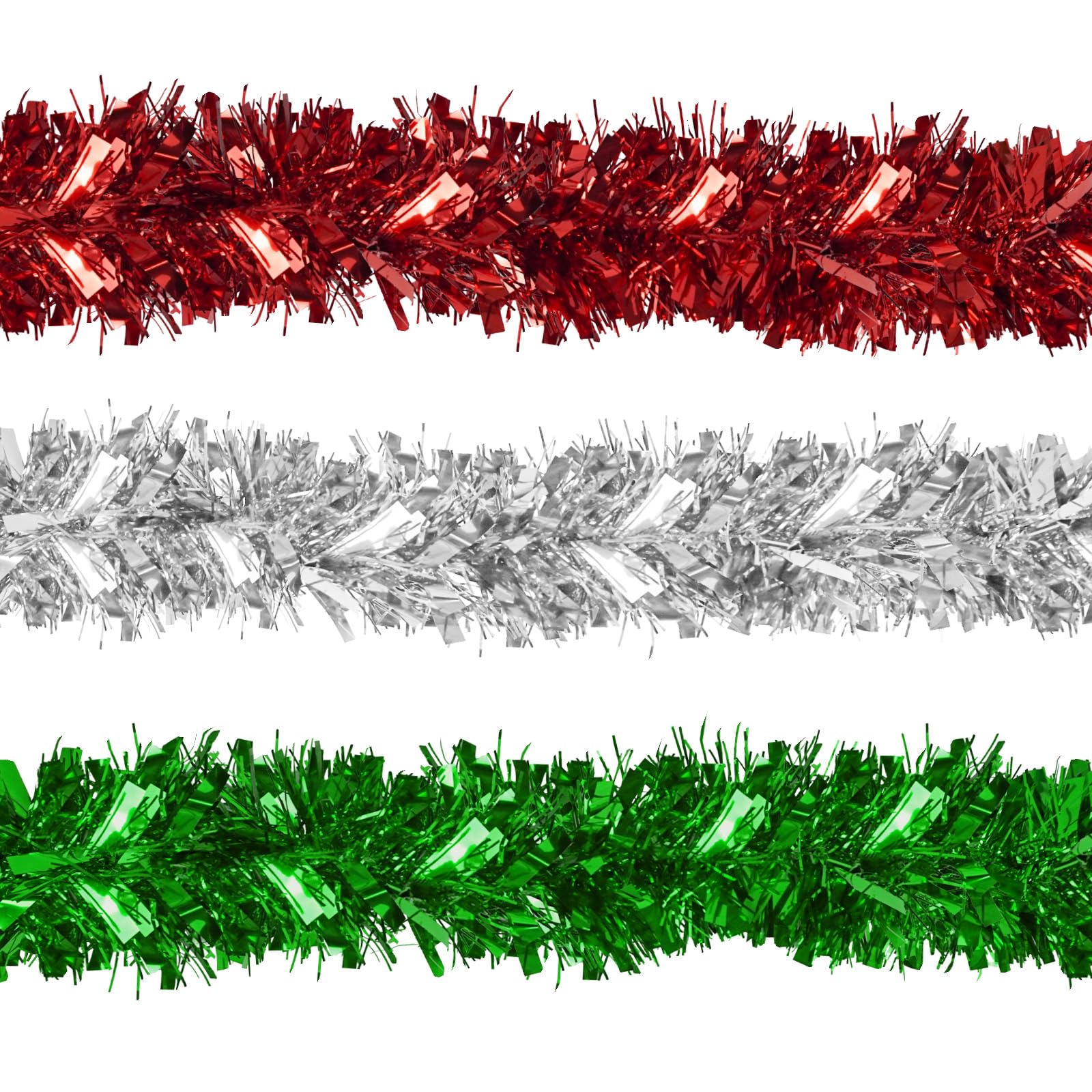 3 Pcs 198 Ft Christmas Tinsel Garland Red Green Silver Christmas Metallic Twist Garland Xmas Tree Decorations for Holiday Wedding Indoor Outdoor Home