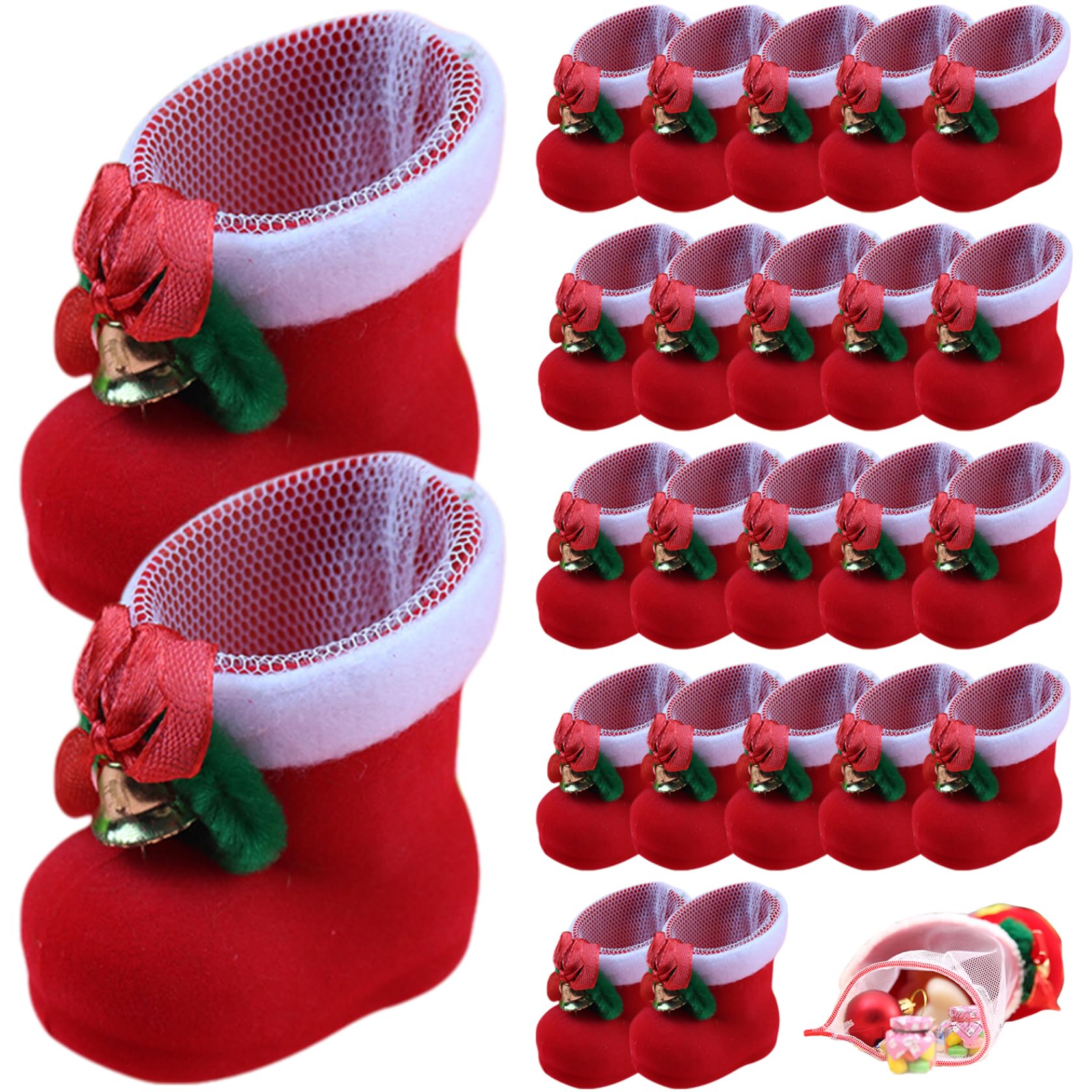 CAKEEYUM Christmas Ornaments Set 24Pcs Mini Red Boots Christmas Candy Bags Decorations Gift Bags Lovely Treat Plush Boots Goodies Bag for Wedding, Holiday, Or