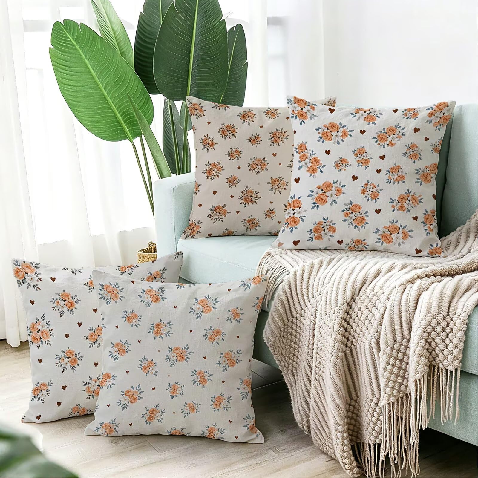 Beige Federe Cuscini Divano 75x75cm, Cuscini da Esterno Set de 4, Cod-95 | Lin Copricuscini Decorativi Letto Arredo, per Letto, Soggiorno, Giardino, Esterno, Casa Decorazione Set di 4 Pianta
