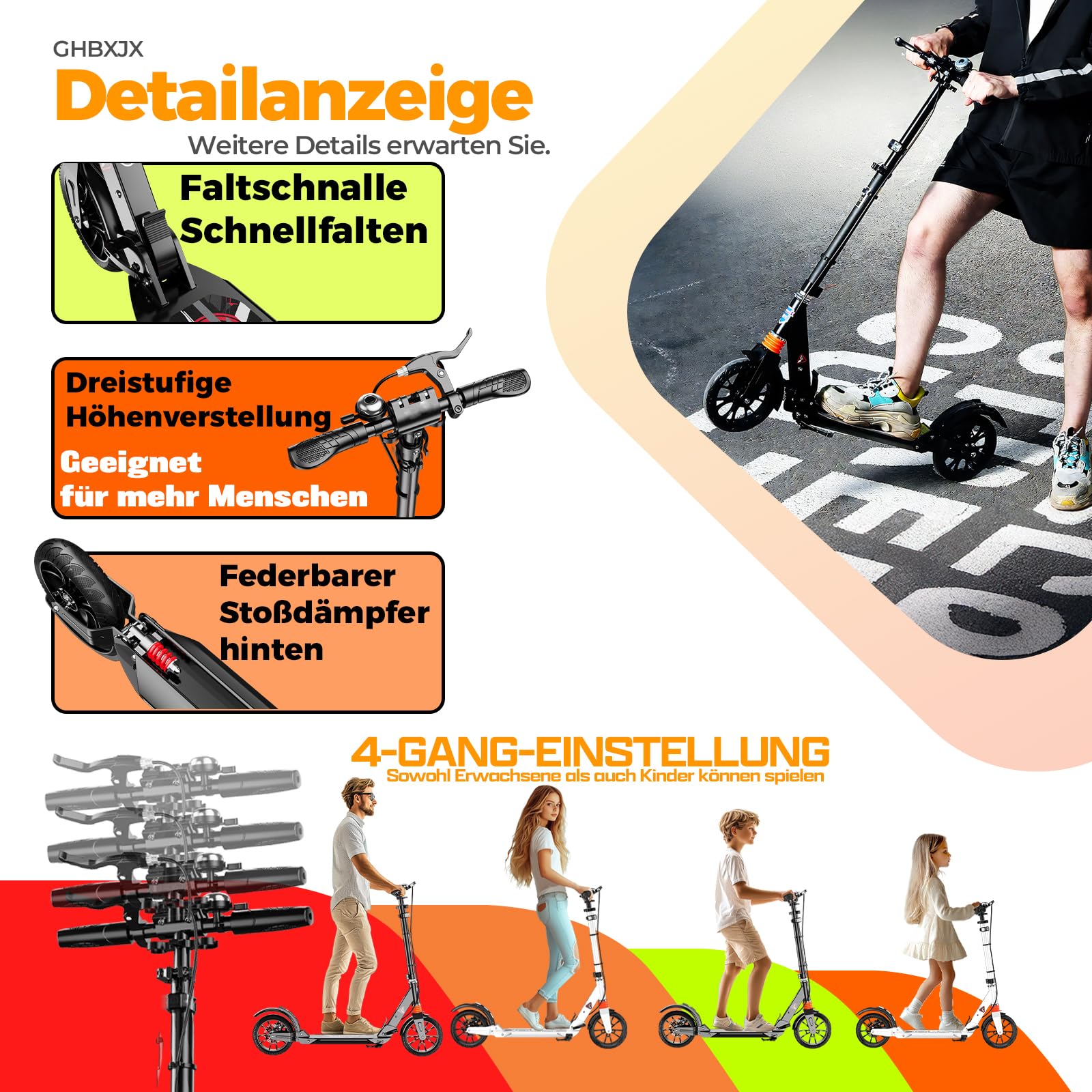 Cityroller Roller für Erwachsene bis 150kg Verstellbar Scooter Robuste Konstruktion 230mm Räder Stoßdämpfende ShockResist-Technologie Hinterradbremse rutschfest ABEC 9