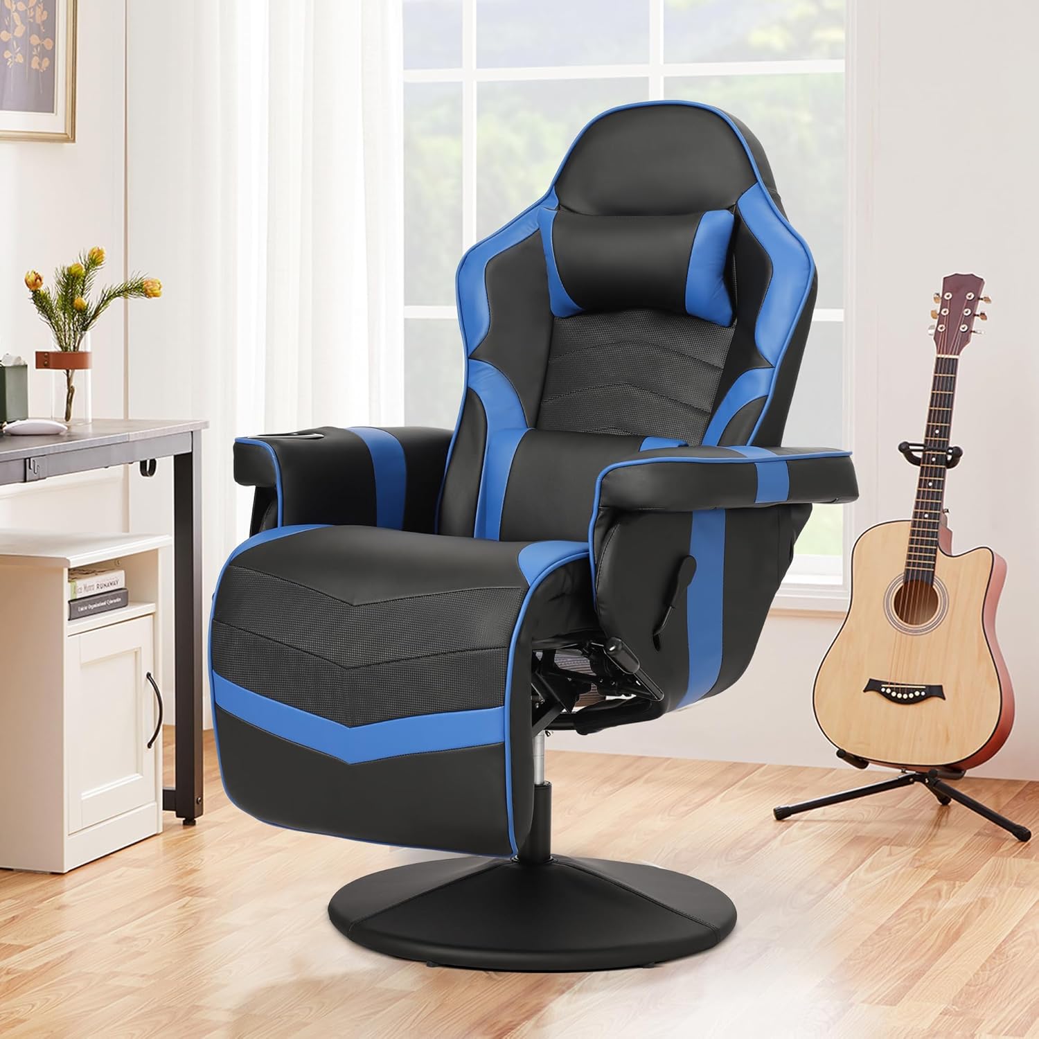 Massage Gaming Recliner Chair with Cup Holder & Side Pockets – Ergonomic PU Leather Video Gaming Chair with Footrest, Manual Recline, Headrest & Lumbar Support for Office or Game Room (Blue)