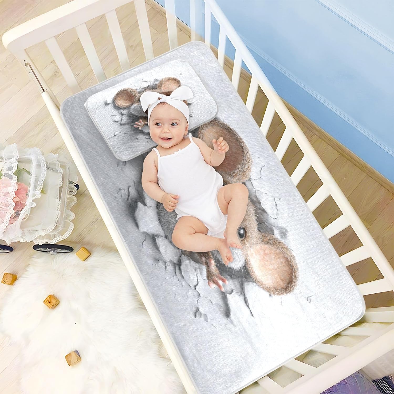 Cooling Baby Bed Mattress 28" x 52" Reusable Funny Mouse 3D Wall Art Pads for Kids for Kids, Adult