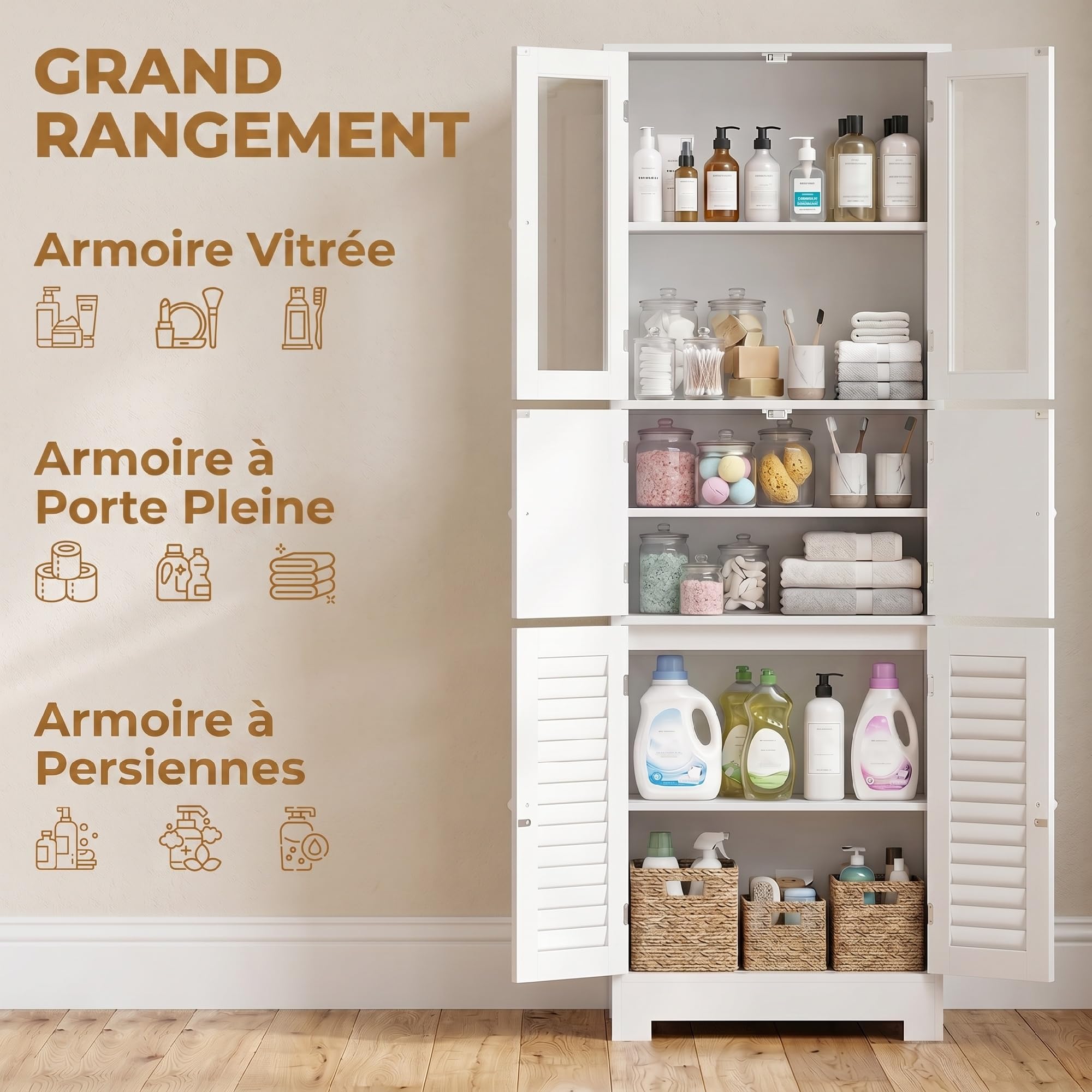 HOMCOM Meuble de Salle de Bain Haut Style Moderne 60x30x170,5cm Blanc