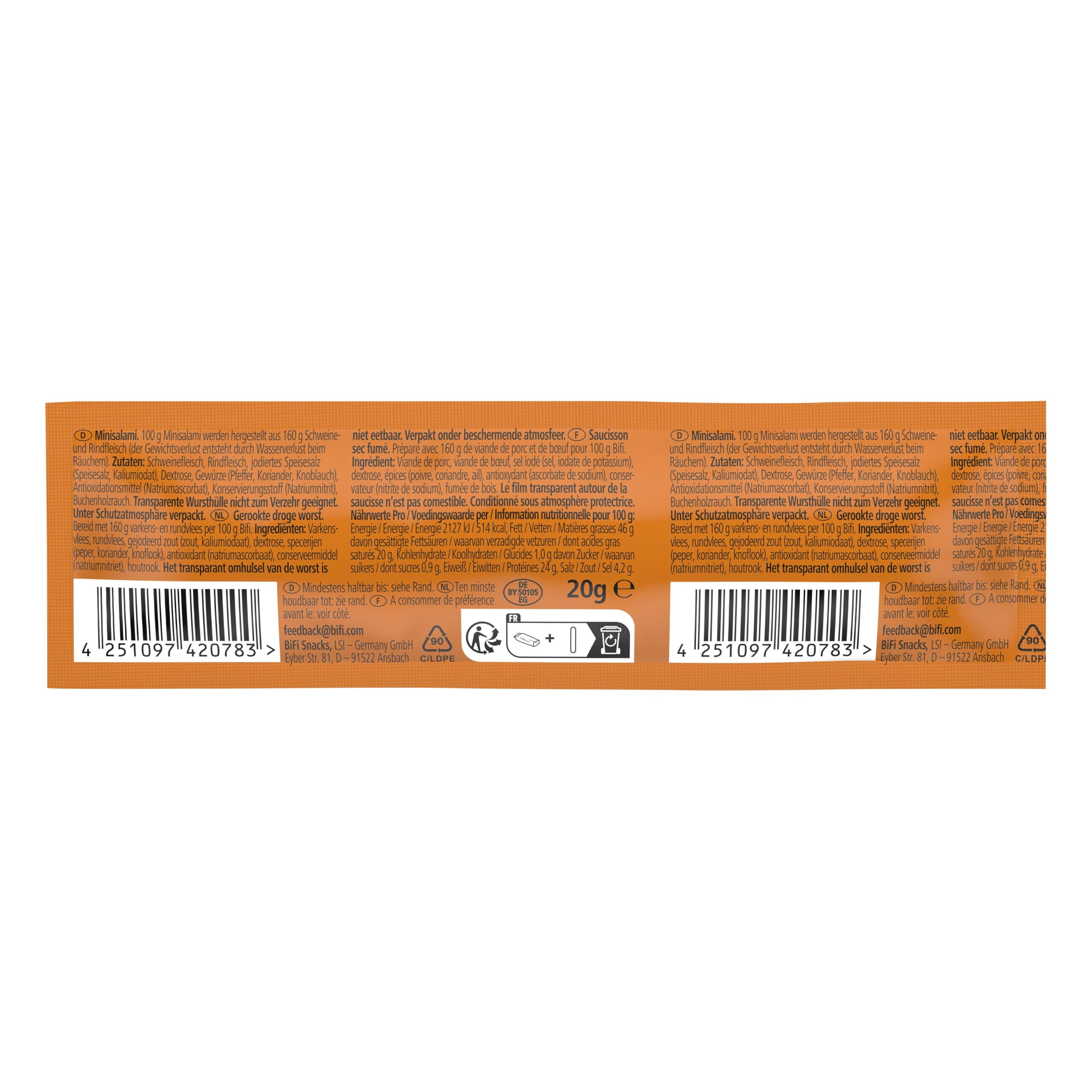 BiFi Original - Stick di salame, carne e salumi essiccati all'aria, con pepe, coriandolo e aglio, confezione in formato tascabile, ottimi da sgranocchiare, confezione da 40 pezzi, 40 x 20 g