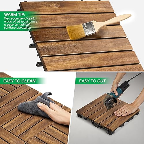 Miniatura 5 de Idzo - Azulejos para deck entrelazables - 10 azulejos para patio de madera de acacia impermeables, para interiores y exteriores - Patrón de franjas