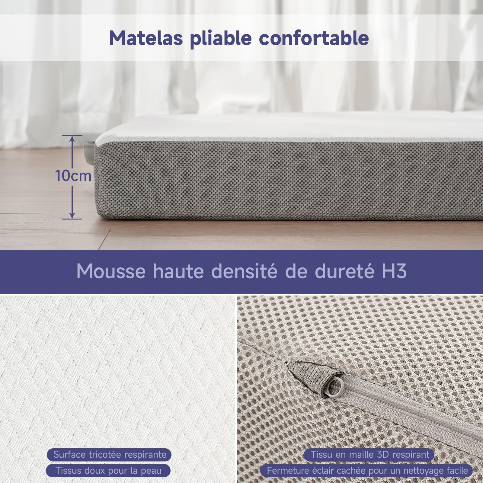 Z-hom Matelas Pliable 75 x 195 x 10 cm, Housse Souple Oeko-TEX, lit d'appoint Matelas, Matelas de Sol, Éponge Haute densité, dureté H3, Blanc+Gris
