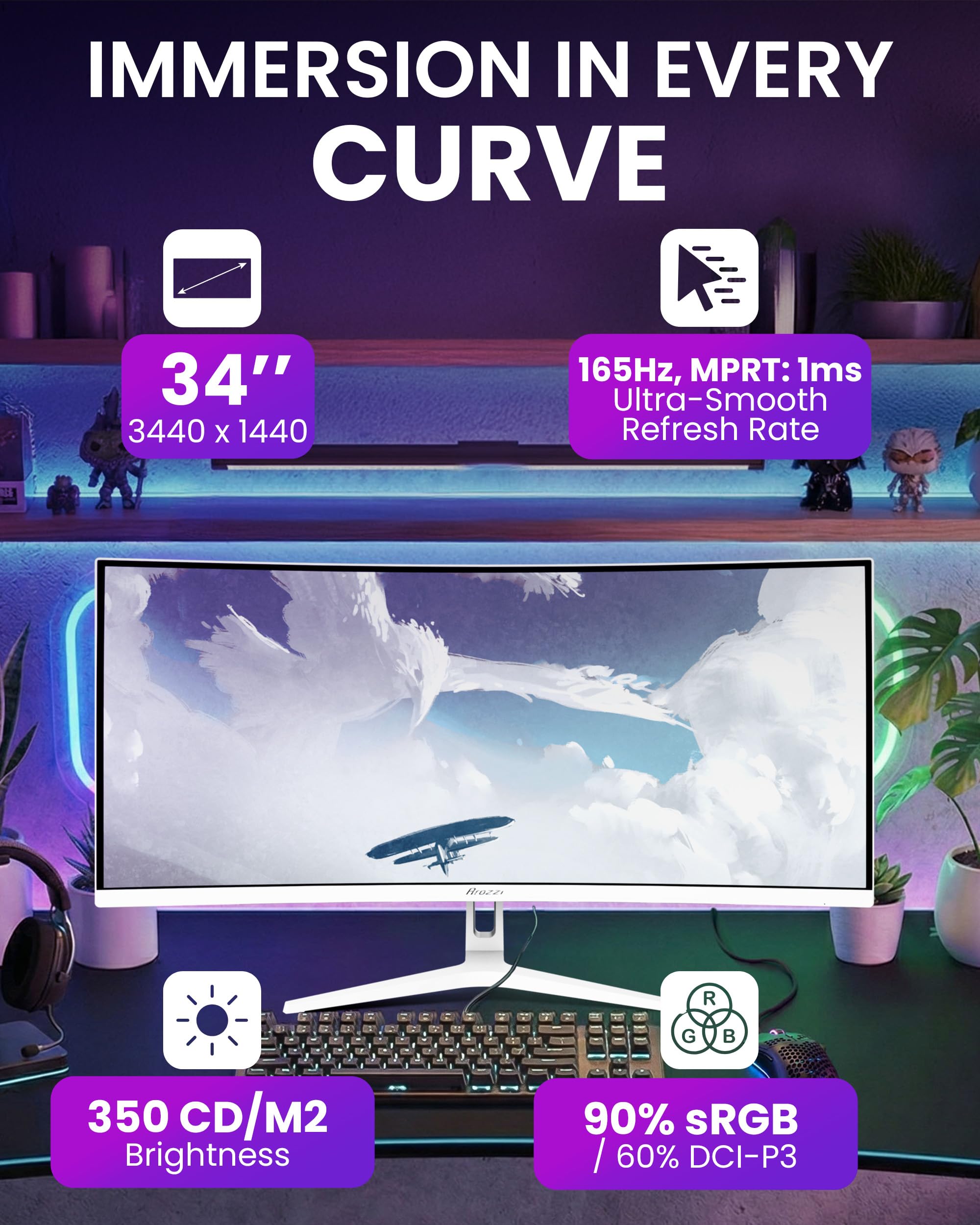 Arozzi Nova 34" zakrzywiony monitor do gier VA UWQHD 3440 × 1440, 165 Hz, 1 ms, FreeSync, HDR, Ultra Panoramiczny, Wbudowane głośniki - Biały