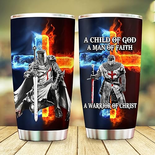 Vaso de guerrero de Cristo Jesús con texto en inglés A Child of God Man of Faith Warrior of Chirst Jesus, regalos cristianos para hombres, papá,