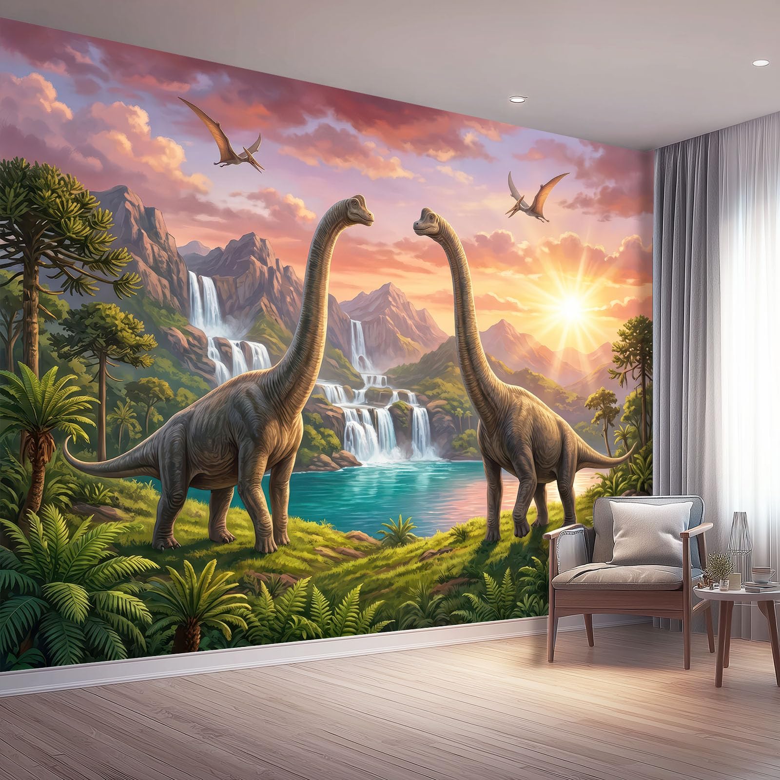 Fototapeta z włókniny, zwierzęta, fantazja, 400 x 280 cm, fototapeta, fantazyjny dinozaur i wodospad, tapeta do pokoju dziecięcego - tapeta na fizelinie, tapeta ścienna, efekt 3D