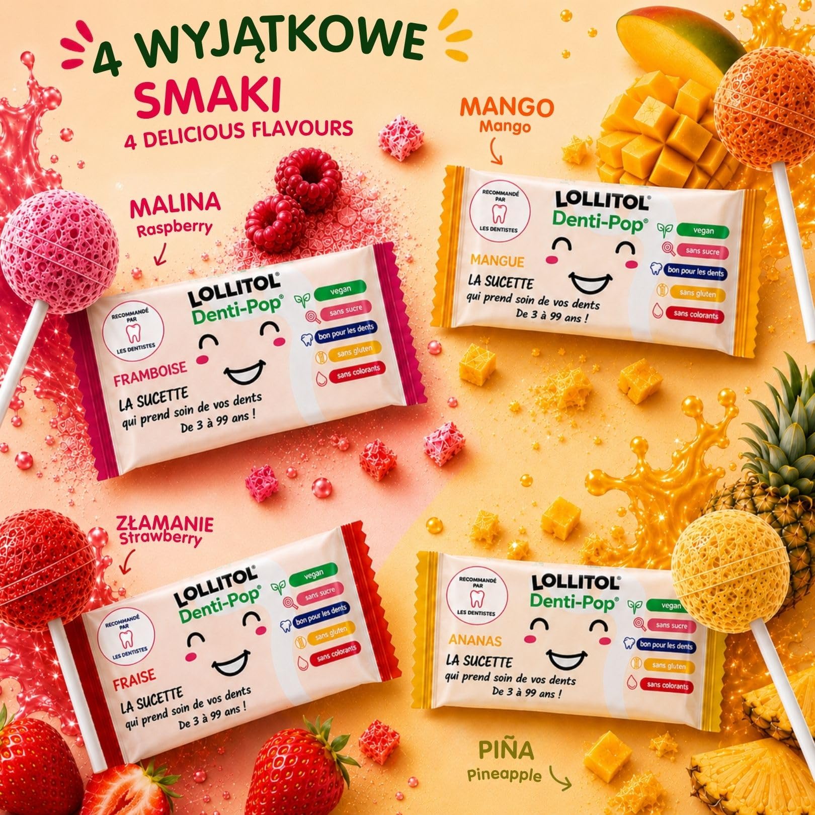 LOLLITOL Lizaki Bez Cukru 28 Sztuk – Cukierki Bez Cukru, Wegańskie Lizaki o Smakach Owocowych (Truskawka, Malina, Mango, Ananas) – Bez Aspartamu, Zestaw Degustacyjny