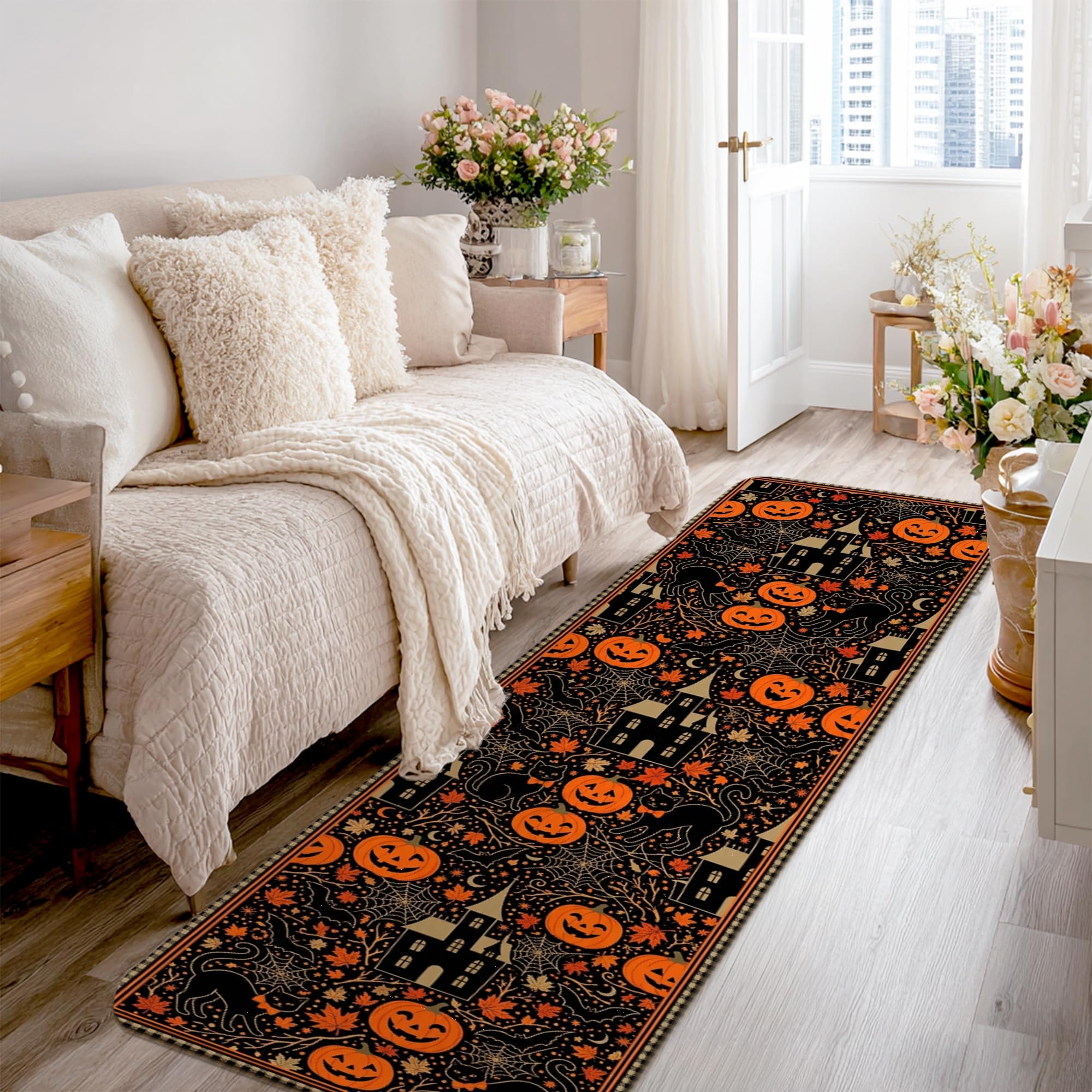 Alfombra suave de cocina calabazas negra rectangular decorativa antideslizante para entrada