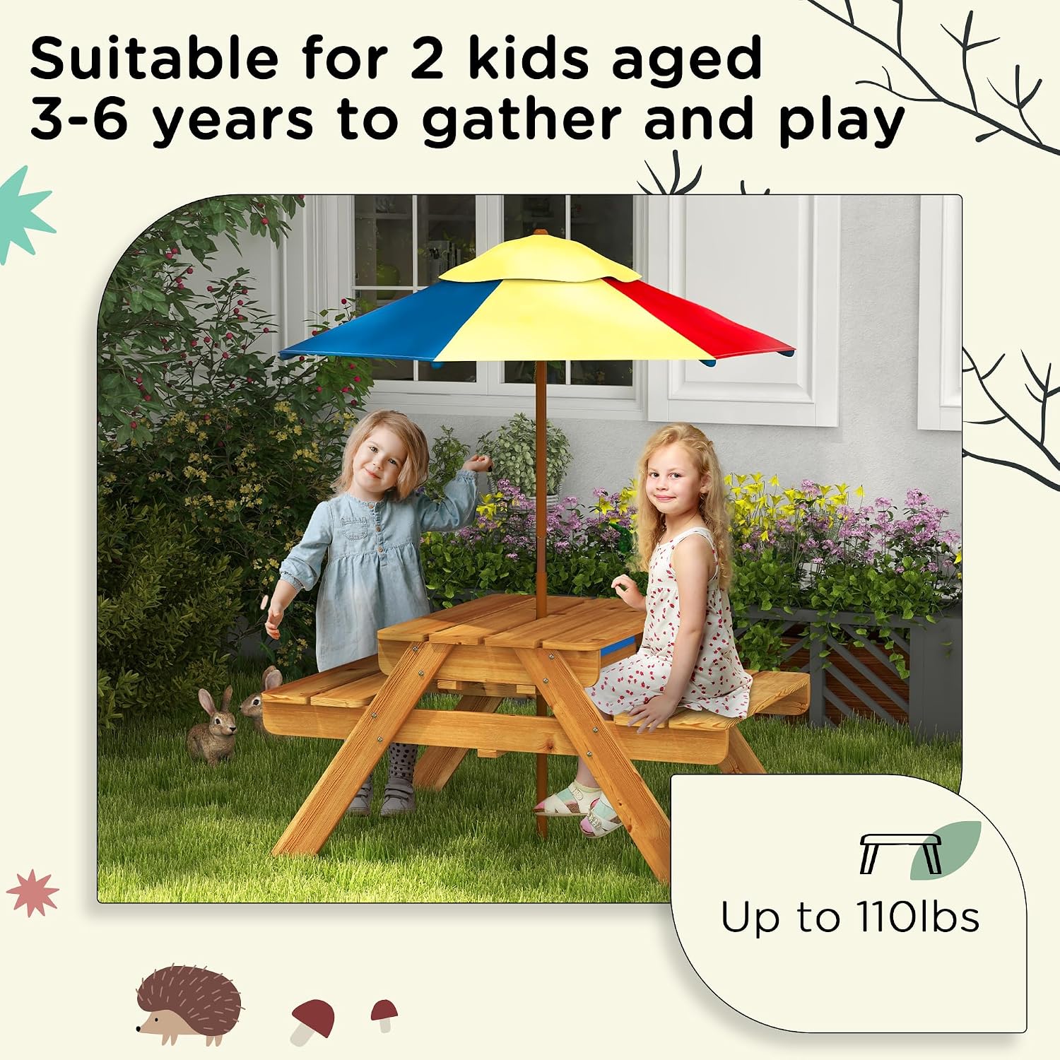 Outsunny Kids Picnic Table with Foldable Umbrella, 3 in 1 Sand and Water Activity Table with 2 Play Boxes, Removable Top, Outdoor Convertible Wooden Table & Bench Set for Patio, Backyard, Natural