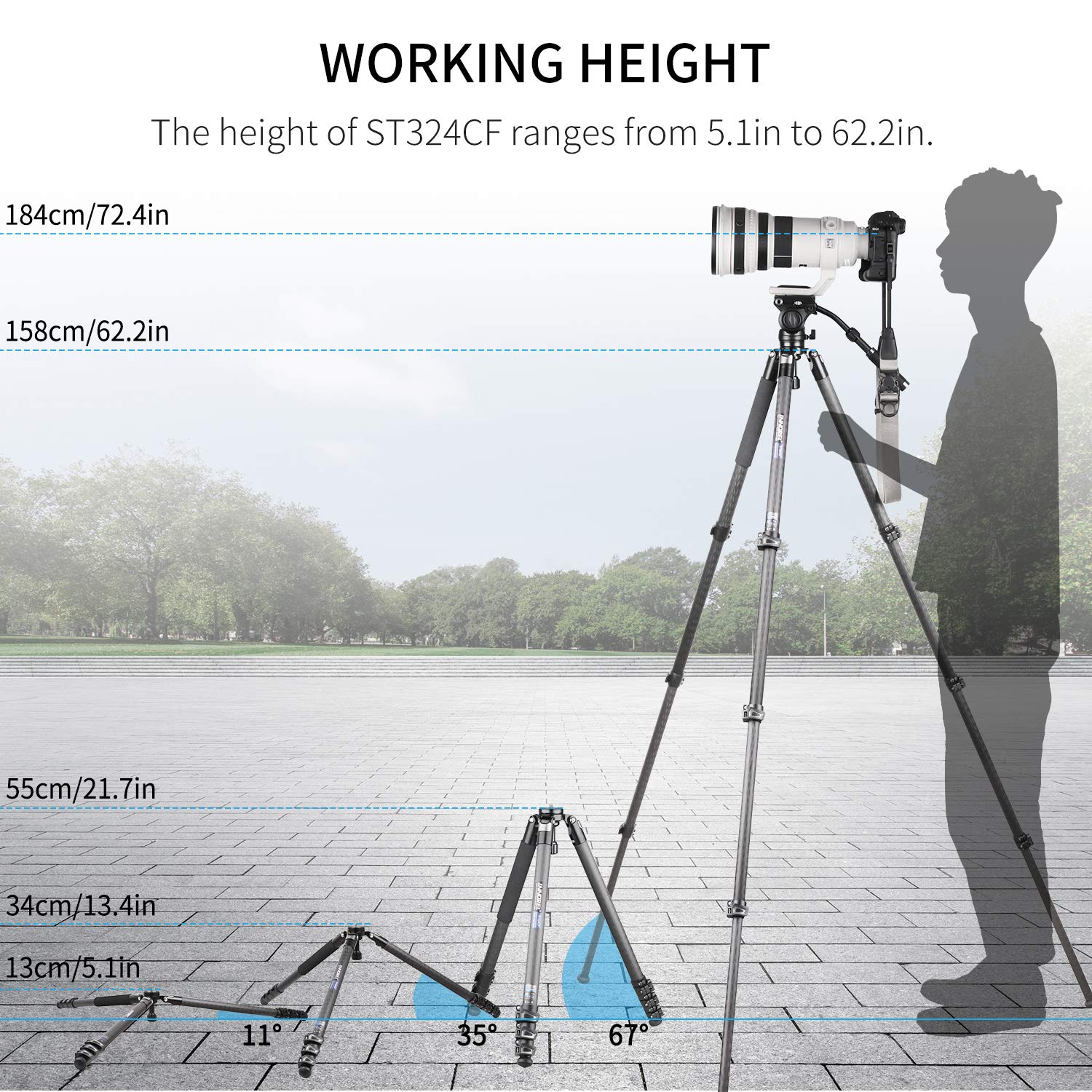 TERIS V20T Trépied vidéo professionnel en fibre de carbone Charge 30 kg Trépied robuste avec tête fluide pour caméra cinéma caméscope TS300CF