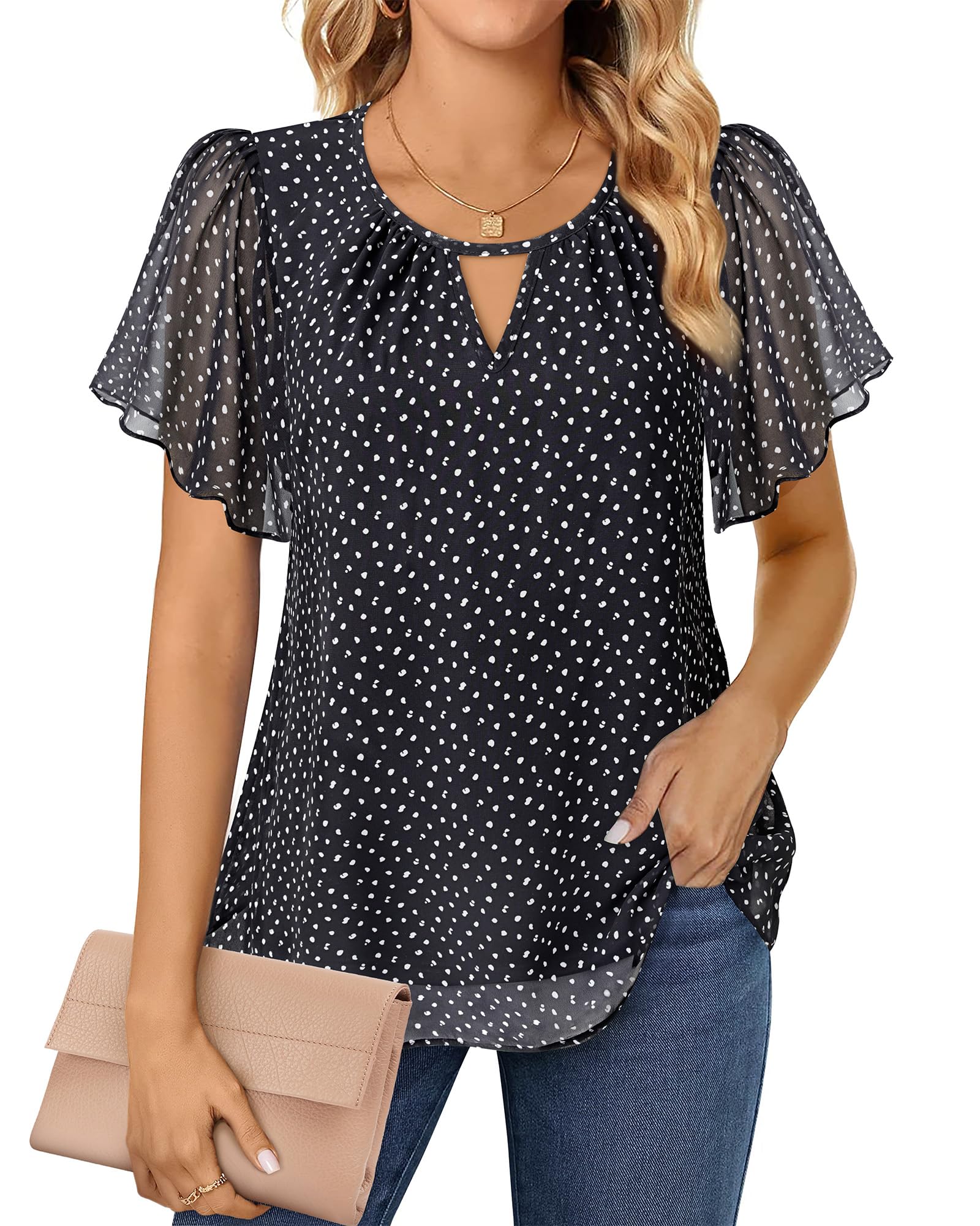 Gaharu Camicia da donna elegante a maniche corte, estiva, business, casual, scollo rotondo, maniche a volant, in chiffon, con fiori