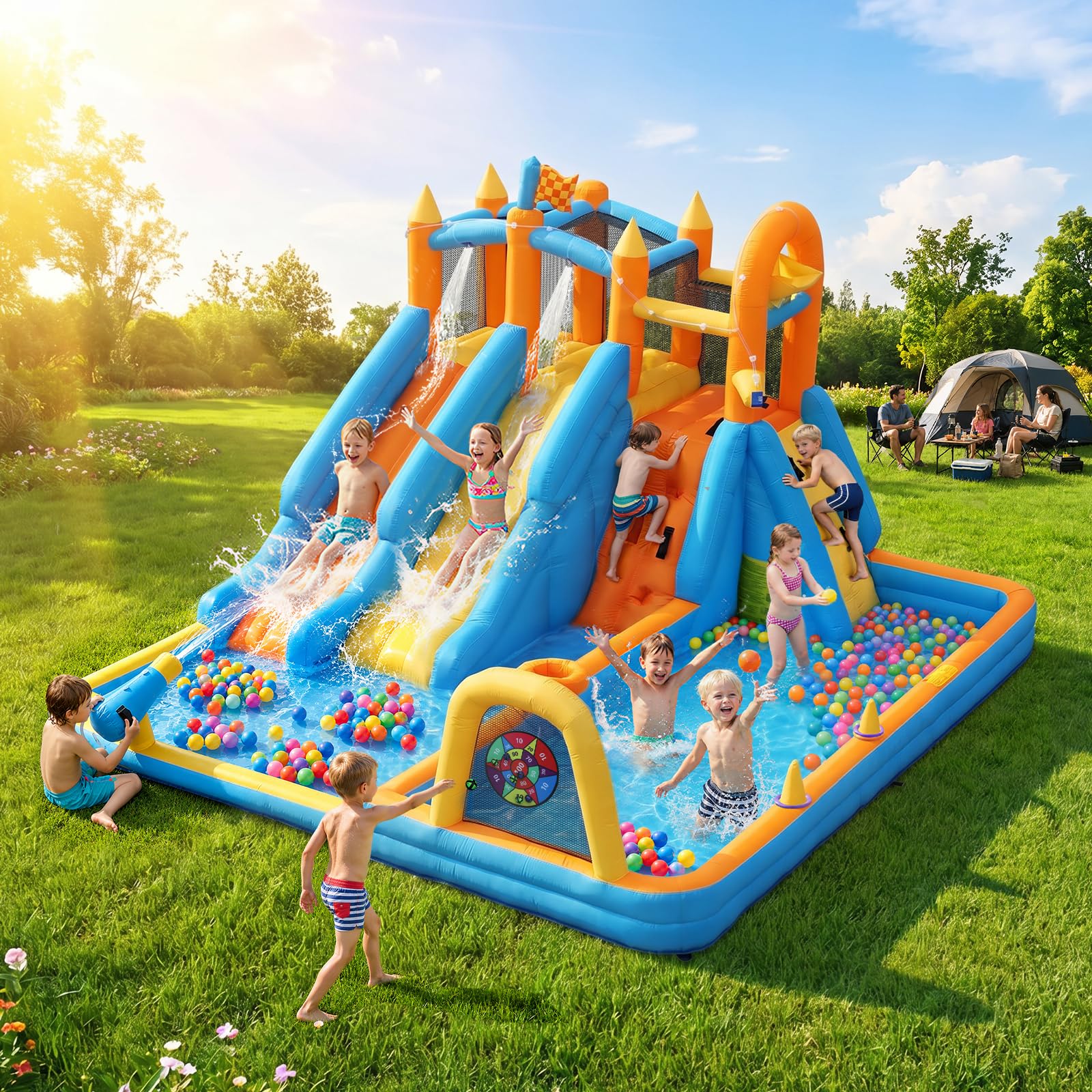 Photo 1 of Inflatable Water Slide 10-in-1 Bounce House for Kids Backyard, Large Water Park with Double Slides & Climbing Wall, Outdoor Blow Up Castle with Basketball Hoop Soccer Goal Ring Toss, for Ages 3-12