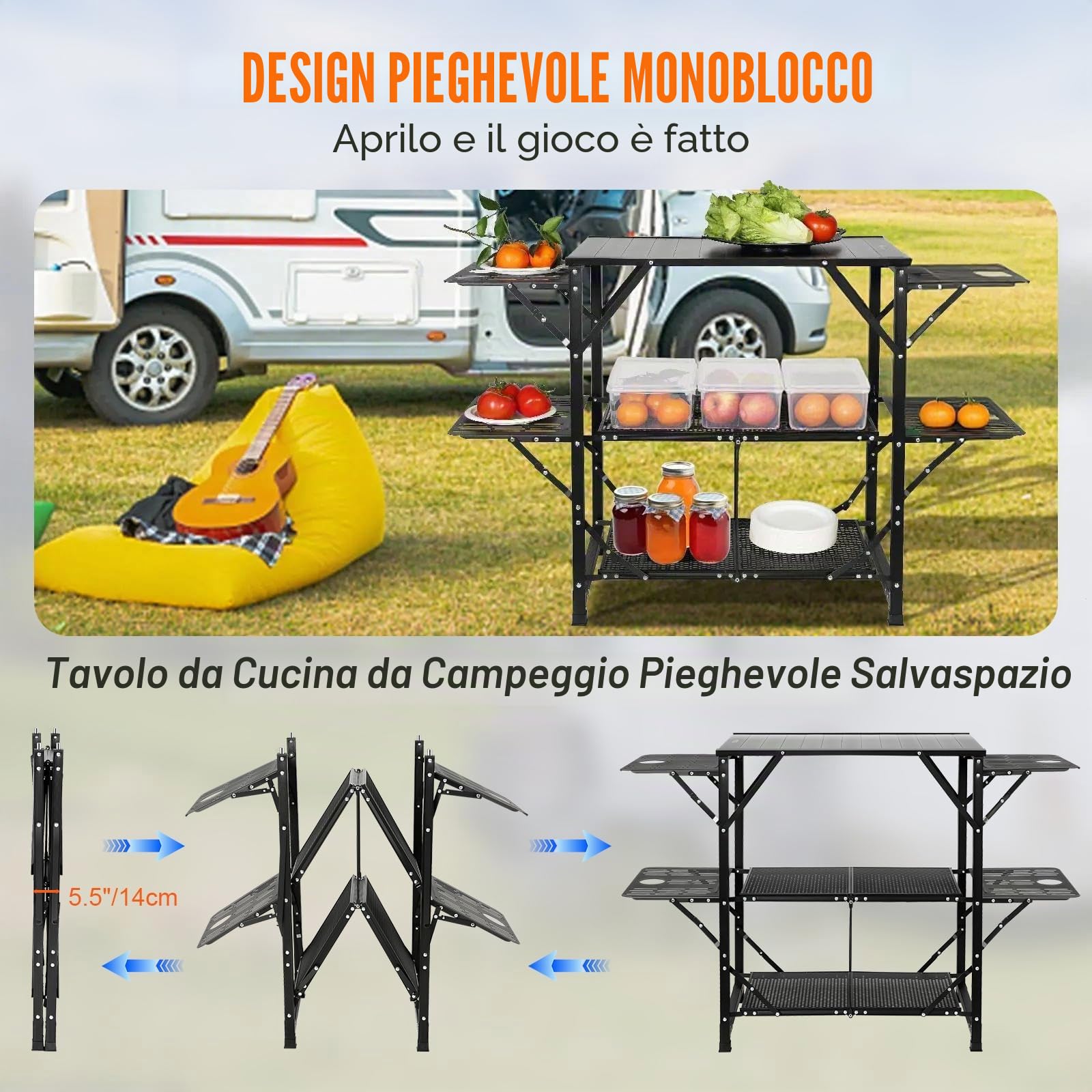 VEVOR Cucina da Campeggio per Cottura BBQ Pieghevole Portatile 2 Ripiani Carico 40 kg Materiale in Alluminio Ferro Dimensioni Estese 126x46x81 cm, Tavolo Pieghevole Portaoggetti da Campeggio per BBQ