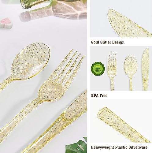 Miniatura 6 de Paquete de 150 cubiertos de plástico dorado con purpurina, cubiertos dorados resistentes, 50 tenedores con purpurina dorada, 50 cuchillos con