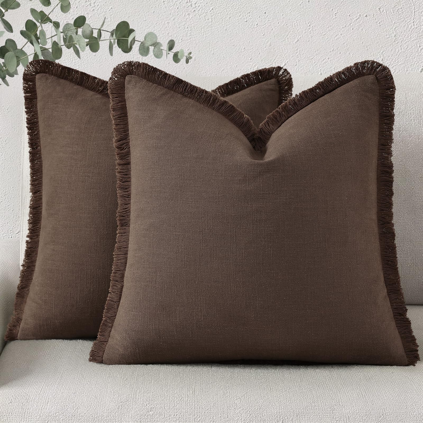 decorUhome Linen Fringe Throw Pillow Covers Set of 2 Decorative Chocolate Pillow Covers with Tassels Soft Accent Boho Farmhouse Pillow Cases for Couch Bed Sofa 18x18 Inch