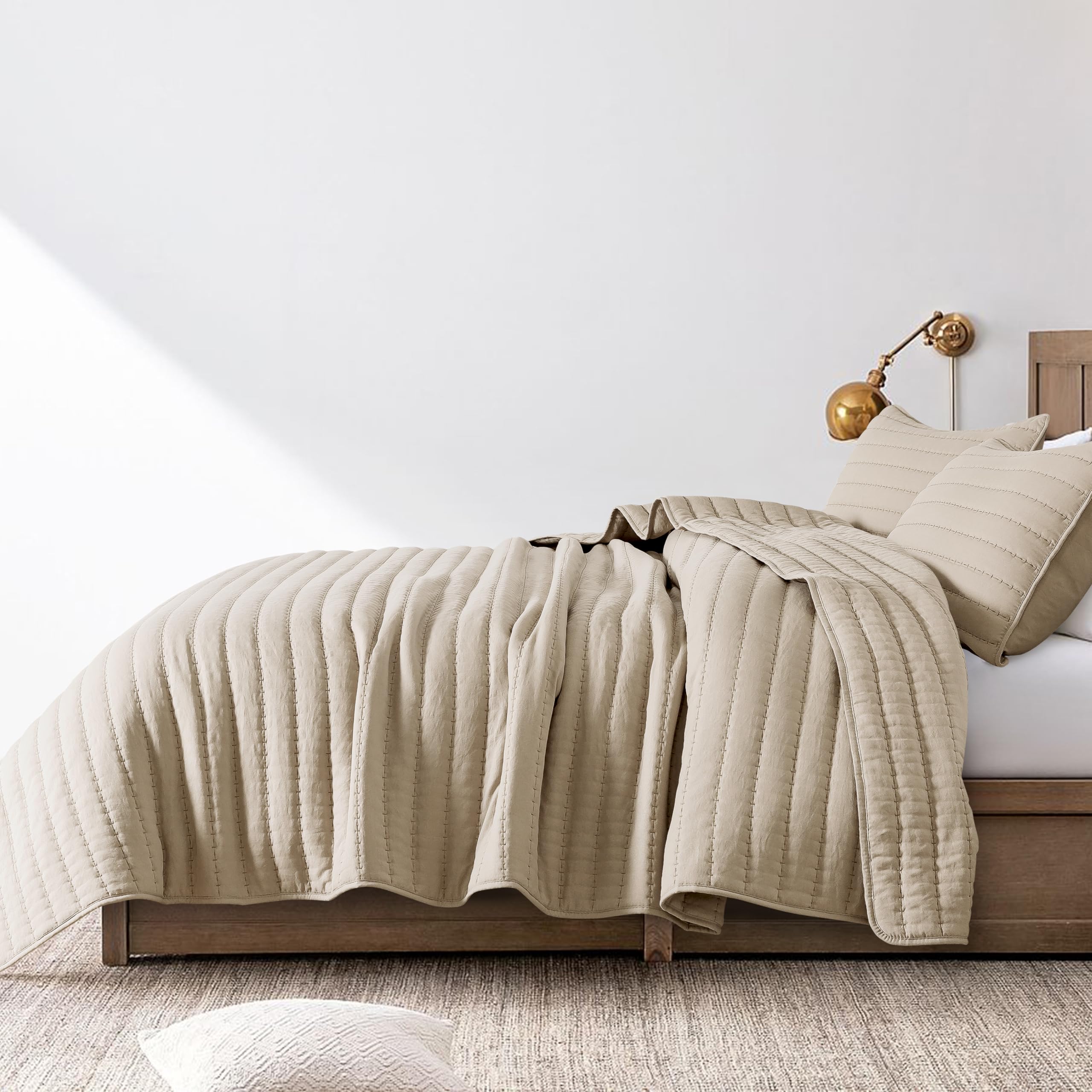 R.SHARE Tagesdecke 300x270 cm, Kuscheldecke Bettüberwurf, Ultra Weiche Steppdecke für alle Jahreszeiten, Wohndecken Sofaüberwurfdecke aus Mikrofaser (ohne Kissenbezug)-Beige