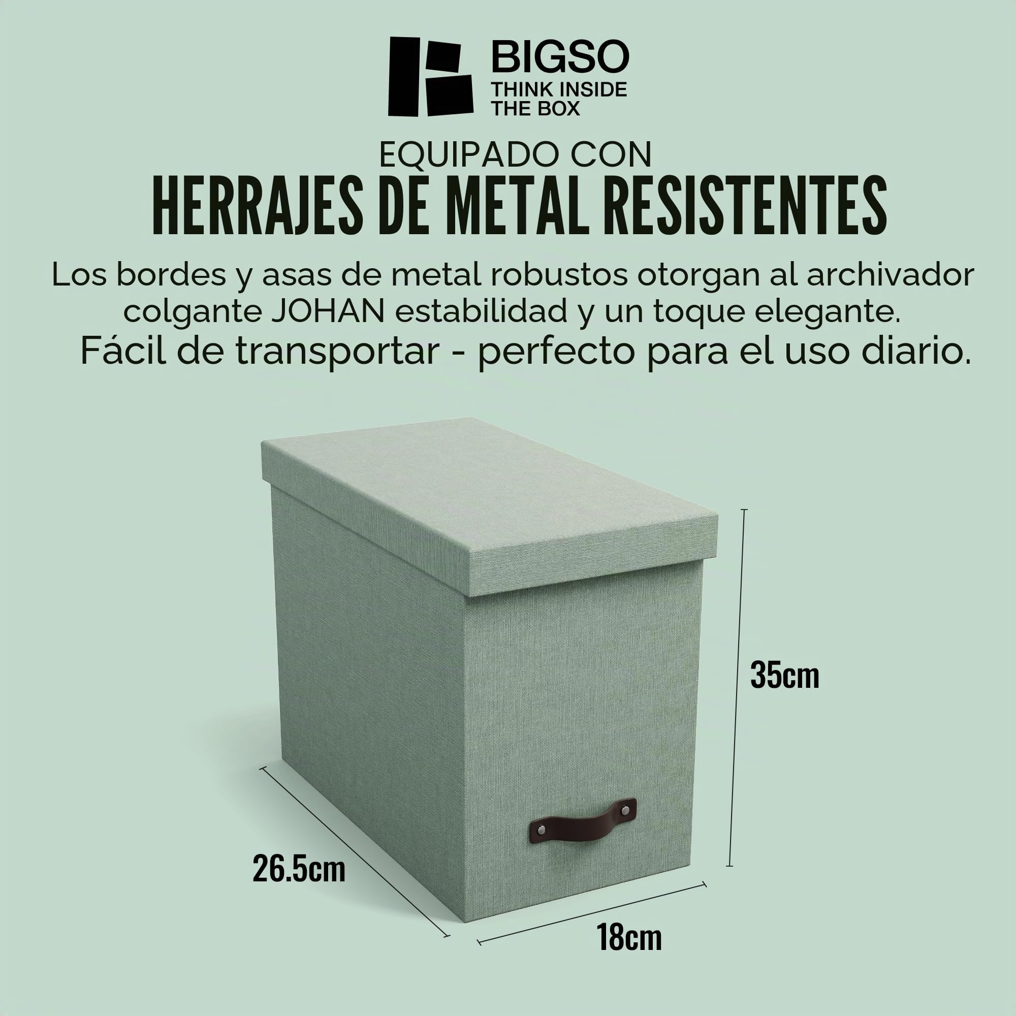 BIGSO JOHAN Caja para archivar con tapa, elegante caja de archivo, incluye 8 carpetas colgantes, caja colgante de tablero de fibra y papel con elegante aspecto de lino, color verde menta