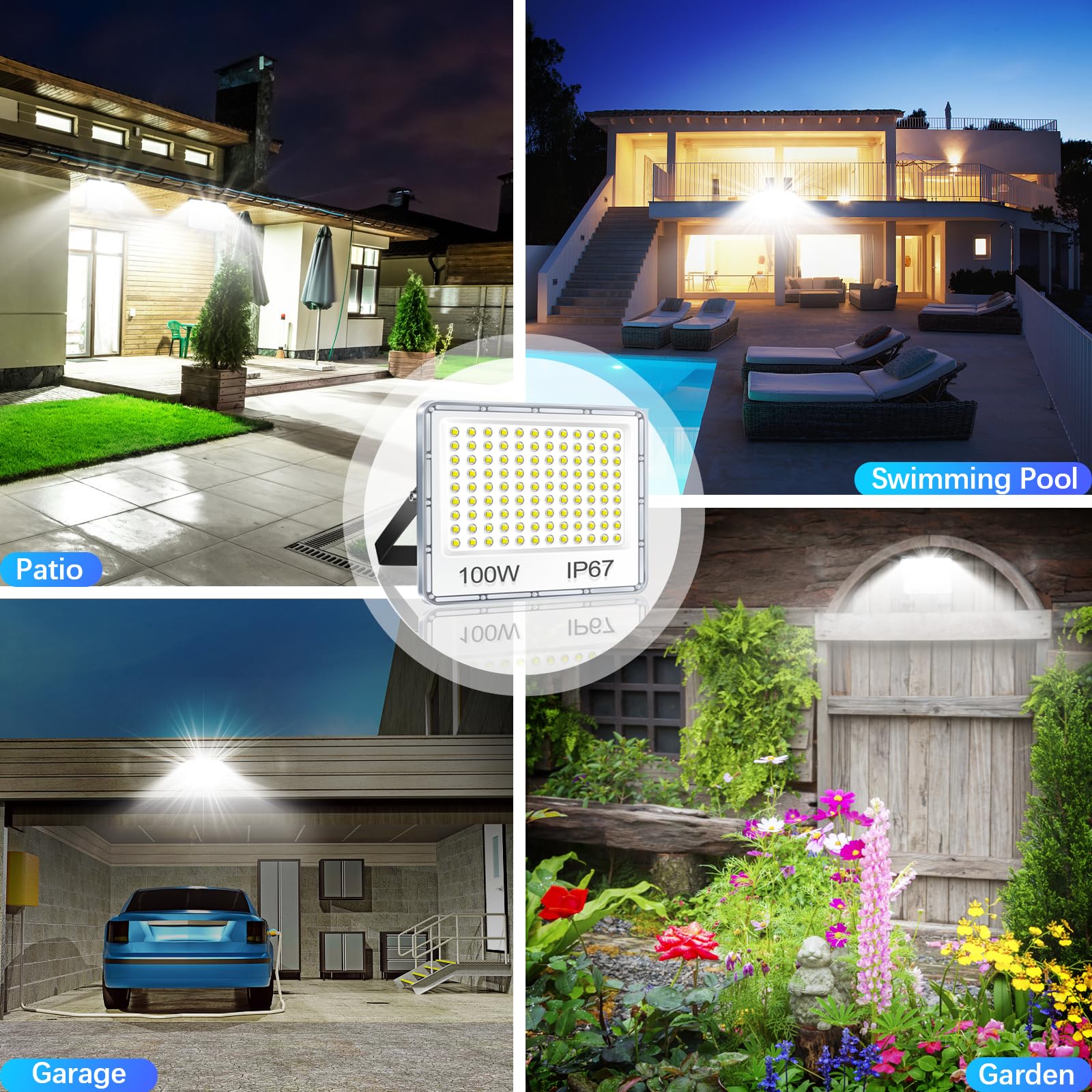 Faretto LED da Esterno 100W 2 Pezzi, Faro LED Esterno Impermeabile IP67, 10000LM 7000K Bianca Fredda Lampade, 108 LEDs Luci per Giardino, Terrazza, Garage, sportivo