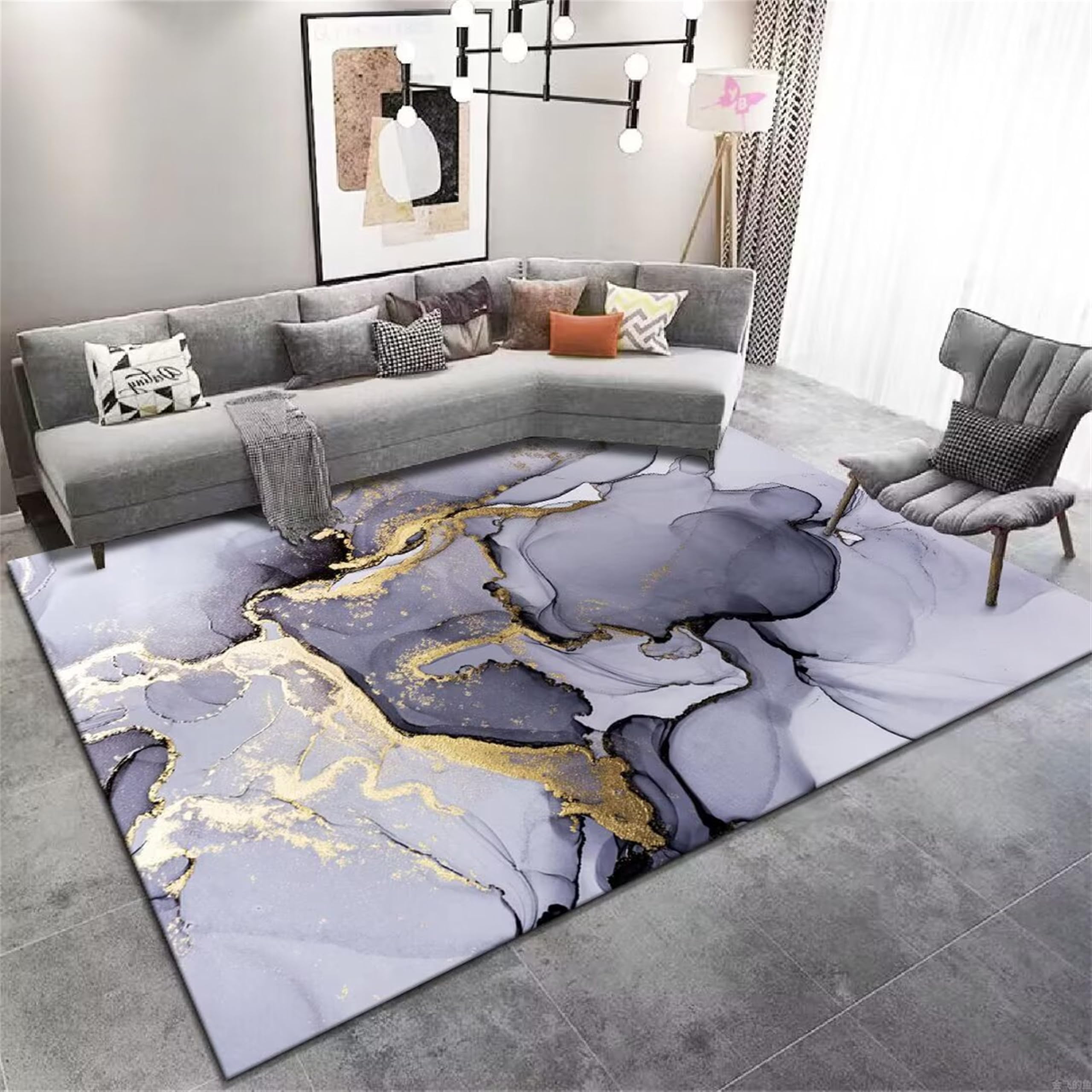 YJDRUG Grey Marble Effect Rug With Gold Veins 160x230cm - Non-Slip Machine Washable Low-Pile Carpet for Living Room, Bedroom, Home Office - Modern Home Décor