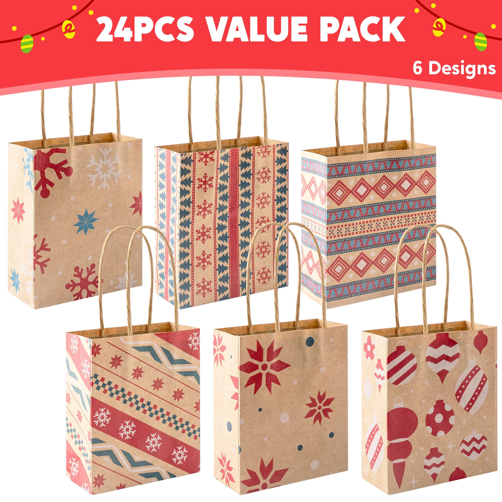 JOYIN 24 sacchetti regalo natalizi in carta kraft con manici, riutilizzabili, per regali di festa, decorazioni giganti, bomboniere e forniture decorative (13,2 x 10,25 x 2)