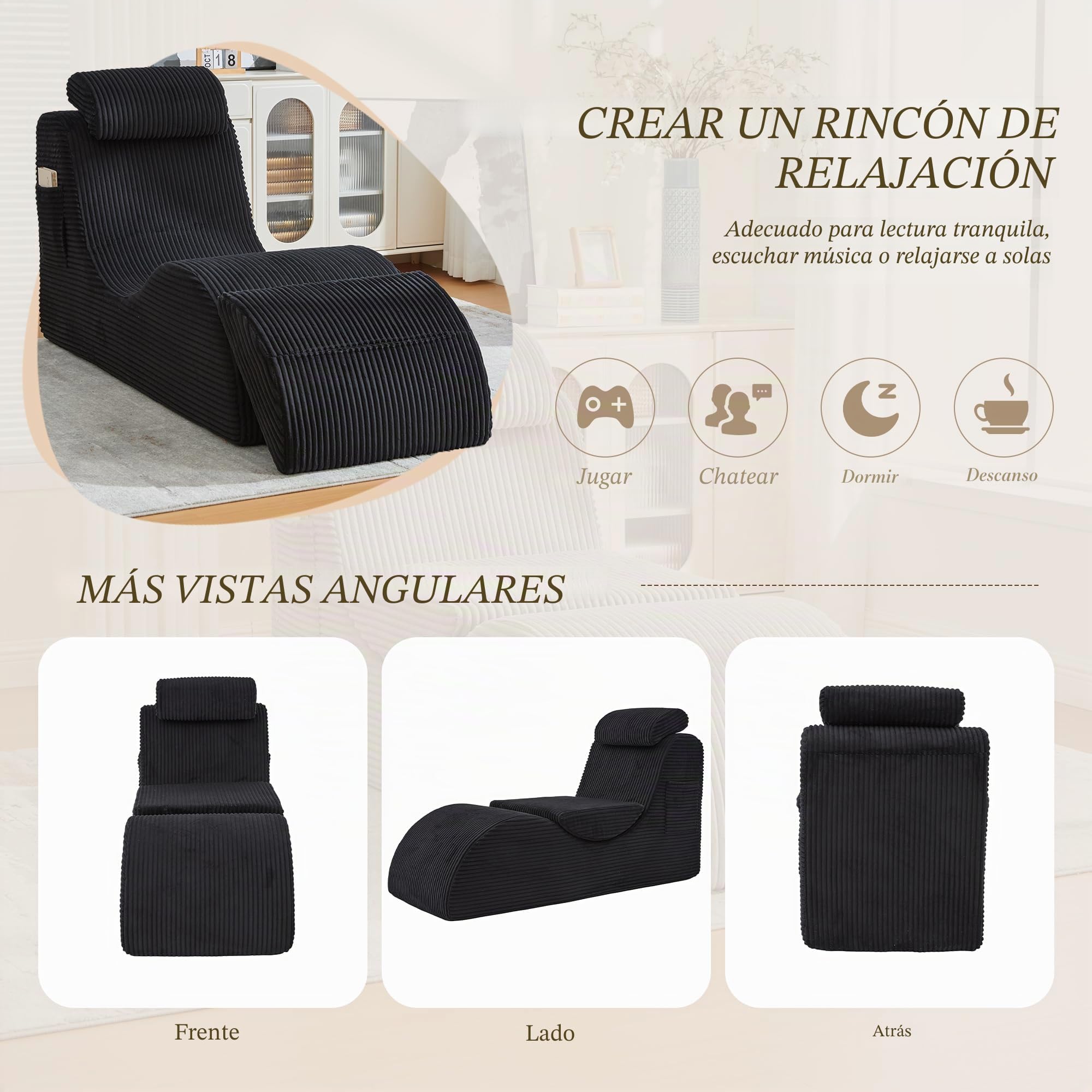 TIZZ Sillón de ocio moderno con forma ergonómica, de espuma de compresión altamente elástica, cojín de asiento extraíble y bolsillo lateral para sentarse cómodamente en el día a día. Negro