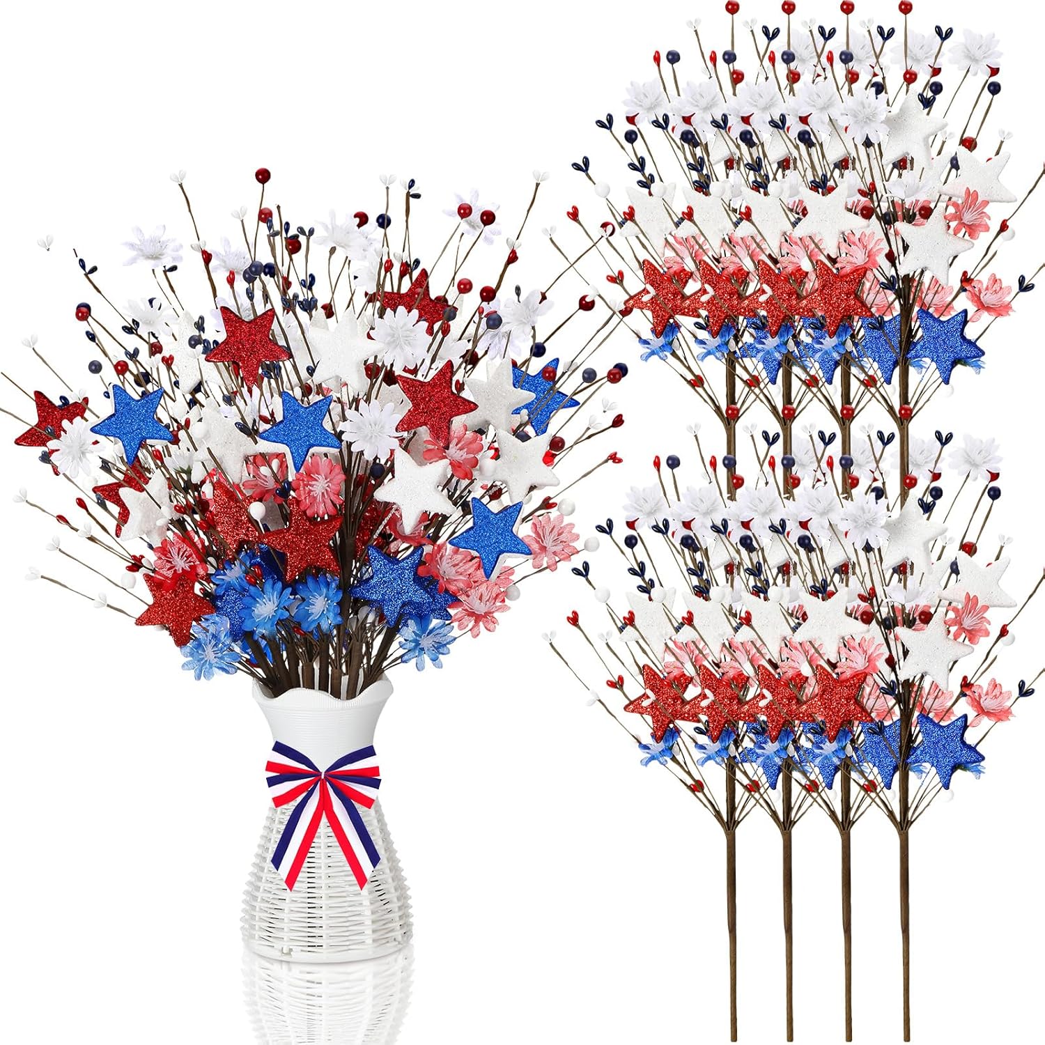 Duraaamo 8 Pack Patriotic Artificial Berry Stem Picks 14.6 Inches White Blue Star Floral Picks 4th of July Independence Day Faux Berry Branches Decor for Home Centerpiece Restaurant Vase Decor