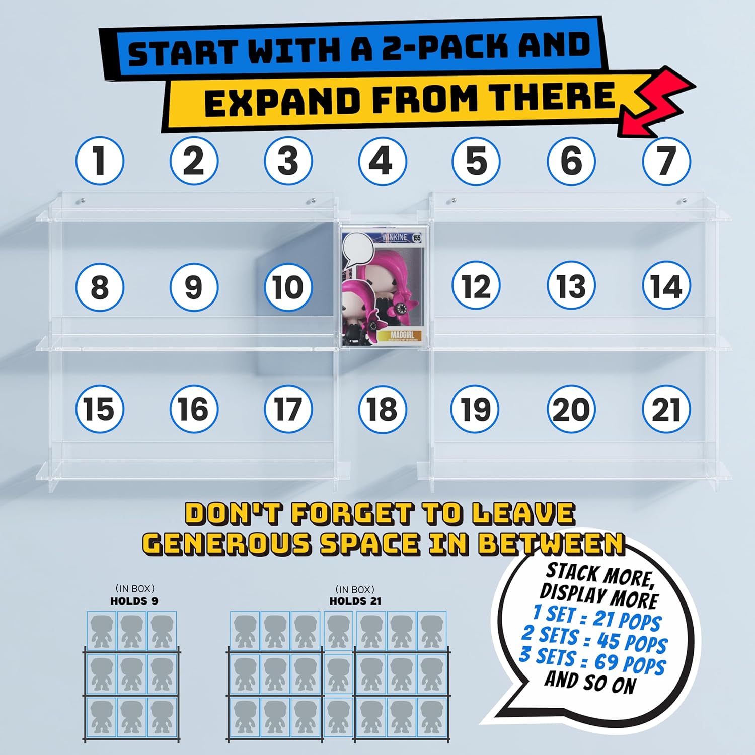 WINKINE Wall Display Shelves Compatible with 21 Funko Pop in Box, Easy Install - Only 2 Screws per Shelf, Acrylic Floating Shelves Stackable, Action Figure Stand, Collectibles Display Case, 2 Pack