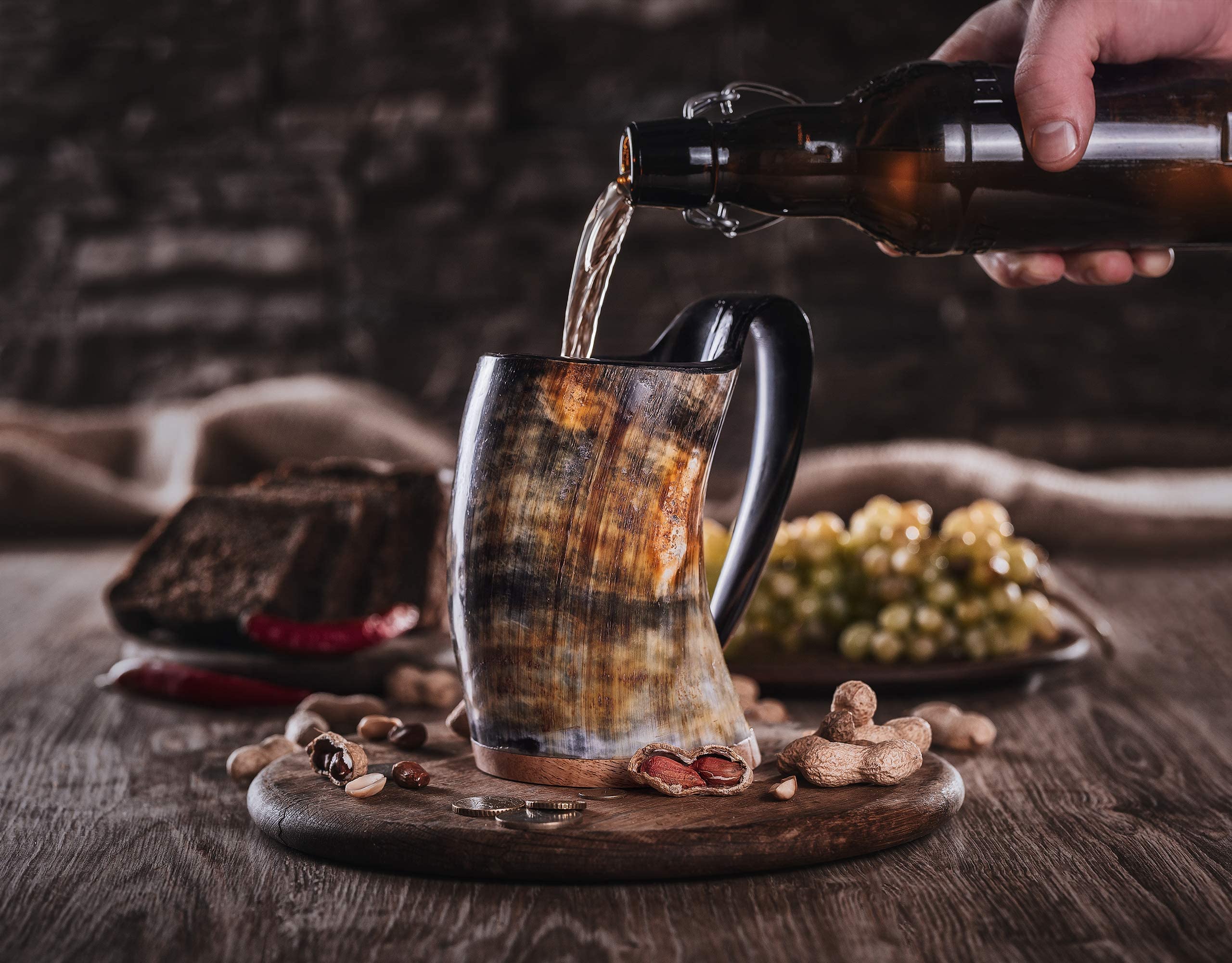 Norse Tradesman Premium Viking Drinking Horn Mug Bundle - Includes Adjustable Viking Bracelet - 500 ml Viking Beer Tankard with Super-Reinforced Hardwood Bottom | The Original, Unpolished, Large