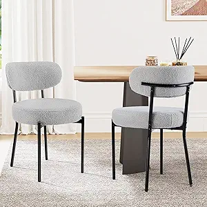 Sweetcrispy Dining Chairs Set of 2, Boucle Upholstered Modern Mid Century Round Kitchen Chairs with Curved Backrest & Metal Legs for Vanity, Living Room - Grey