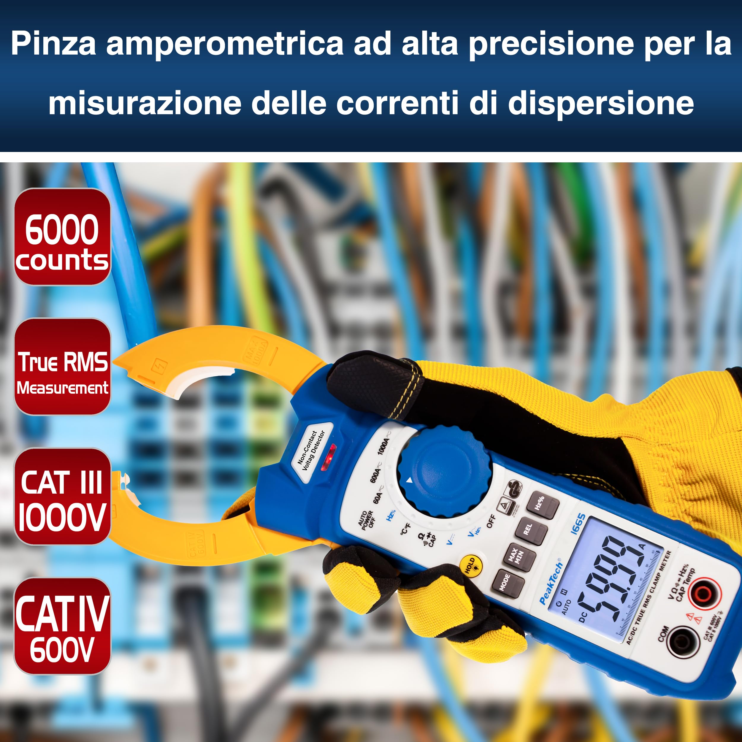 Peaktech P 1665 – Pinza Amperometrica Effettiva 1000A Ac/Dc con Luce LED, 6000 Conteggi, Multimetro Digitale, Tüv/Gs, Pinza Amperometrica, Voltmetro, Amperometro, Tester di Continuità - Max. 600 V