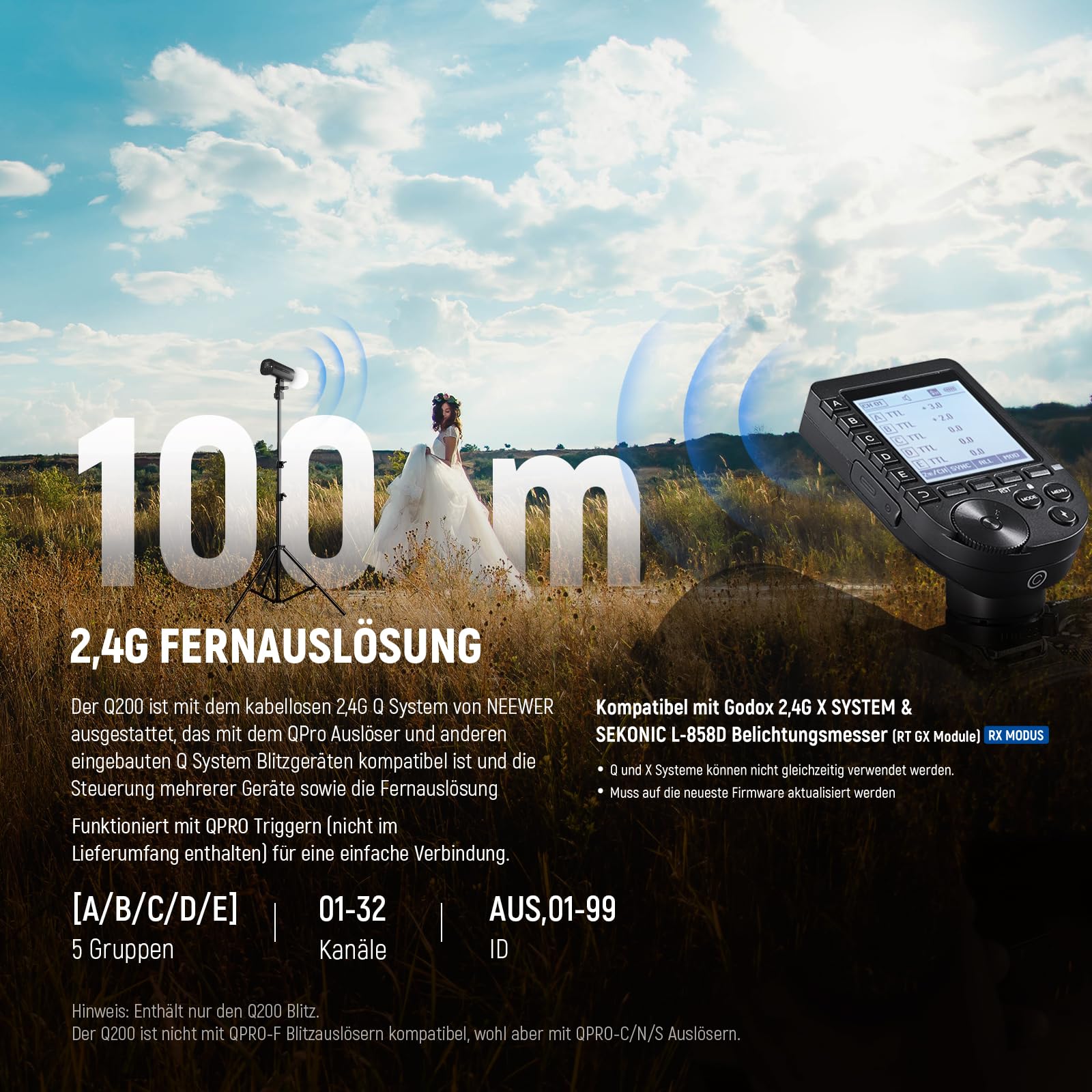 NEEWER Q200 200 Ws 2.4G Zewnętrzna lampa błyskowa Stroboskopowa, bateria litowo-jonowa 3200 mAh Zasilany Studio Strobe Flash Fotografia Bezprzewodowa Monolight z 750 błyskiem pełnej mocy 0,01~1,5s